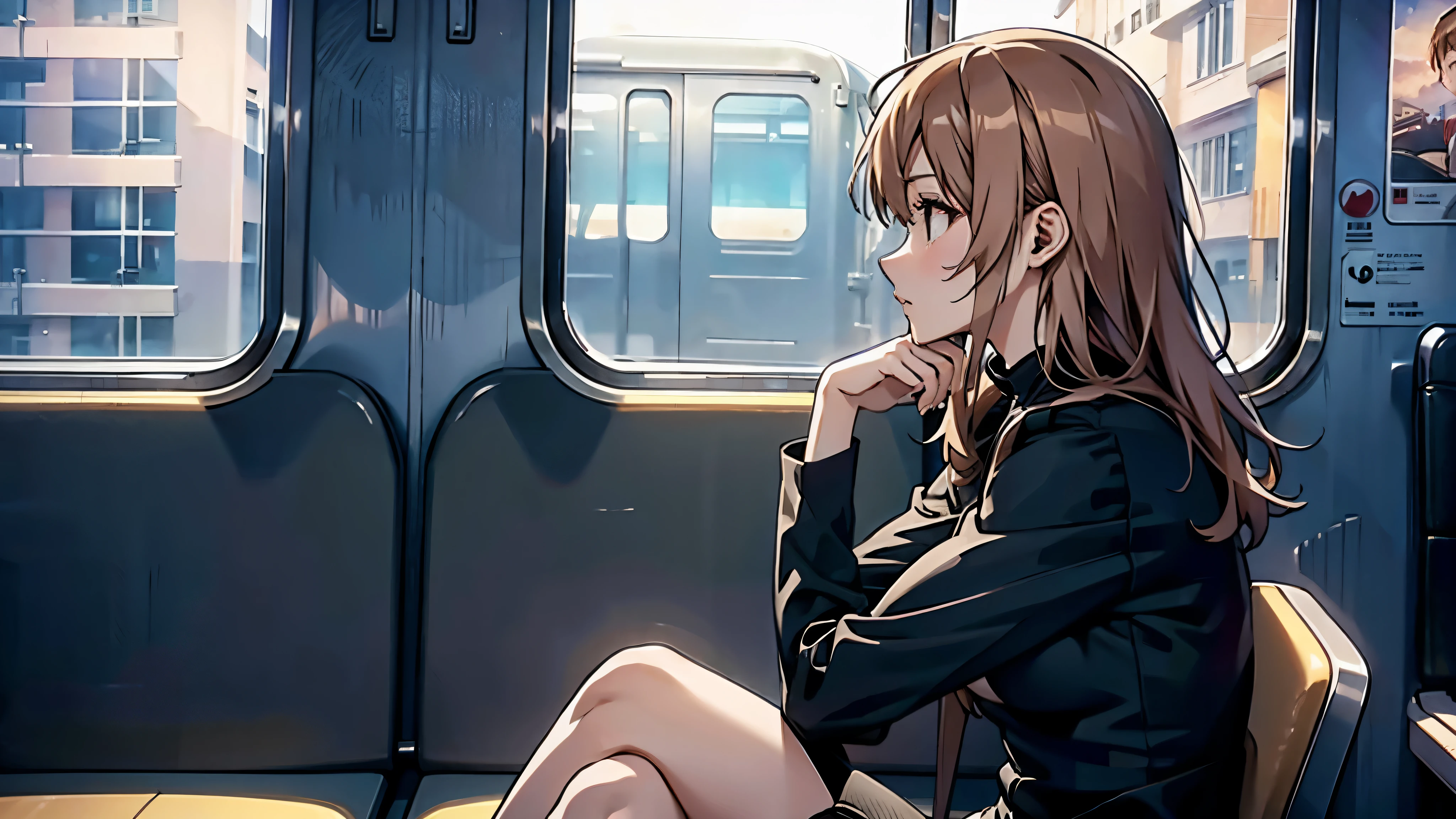 High resolution 8K, A woman is sitting on a train and looking out the window、profile、nostalgic face、