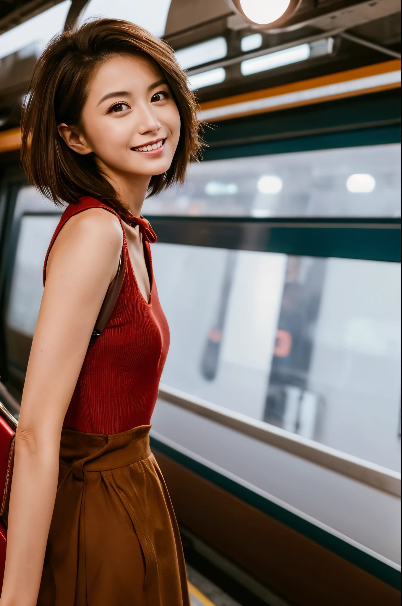 (8K, RAW photography, top-quality, masterpiece:1.2), (hentail realism, Photorealsitic:1.37), ultra - detailed, Super high resolution, 1 rapariga, see the beholder, beautifull detailed face, A smile, shrinks, (Very thin waist) :1.3), short  cut hair, beautiful detailed skin, Skin texture, Floating hair, Professional lighting, Wait for the platform train, Black-framed square mirror, full bodyesbian, Brown hair