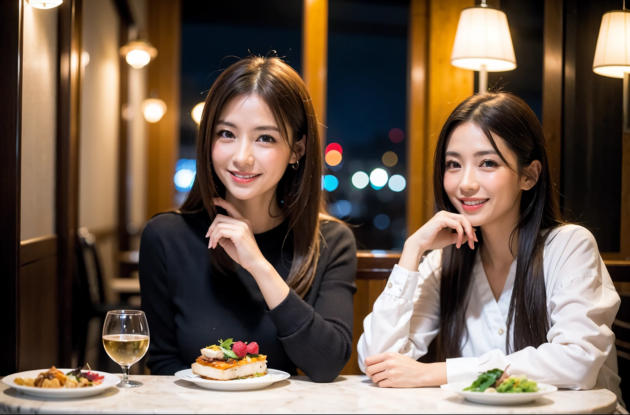 64k, UHD, highest quality, masterpiece: 1.2), (realistic, photorealistic: 1.37), Super detailed, celebration party、beauty、Charm、beautiful mature woman、Japanese sakeを愛する3人の女性、three men、luxury hotel、Japanese sake、Shochu、Sparkling wine、winter night、restaurantでJapanese sake宴会、(slimな男女4名),(5名様でのJapanese sakeパーティー)、(slimフェイス),Happy、 最高なsmile、Fox Face、Berry Short、(because I&#39;thin), (brown hair), (shortcut), long sleeve shirt、winter fashion、Colombia、Brazilian、Japanese、Dutch、German、Portuguese、Belgian、Italian、french, (gushing), (slimボティ), (brown hair), (shortcut), 端正なbeauty、cheeks blush a little, (41 years old), 38 years old, 35 years old、32 years old、 A beautiful and detailed night view spreads out outside the window........, restaurant, wine glassが座っている, At night, in a prominent place (from the Upper body) nova frog style, actress, model, Upper body, White wine, slim, wine glass, very beautiful night view, wine glass Put in the Middle, Happy smile, (smile: 1.15), 
