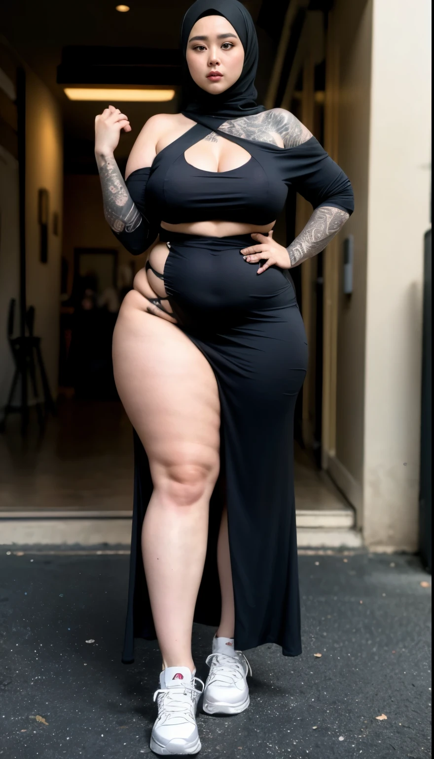 ((best quality)), ((masterpiece)), (detailed), perfect face, araffe woman in a dark-blue dress walking down a street, thicc, she has a jiggly fat round belly, bbwchan, wearing dress, skinny waist and thick hips, widest hips, her belly is fat and round, soft curvy shape, hyperrealistic full figure, wearing a cute dress , wide hips, cropped shoulders,Bare belly,(big assa:0.7),show legs,, thicc, beautiful thick female, beautiful curvy female,, Tall and tall,clear curvy details, curvy hourglass figure, alluring plus sized model, bbwchan, Voluptious body, Curvy model, Curvy body, Be red in the face, 1girll, a matural female, A MILF, the golden ratio,(Kpop idol),(Oil skin:0.72),(Oil skin:1.1), iremuzi tattoos on thighs, big tattoo on thighs, japanese goddess , korean Goddess , milky white skin, wearing hijab clothes, wearing sneakers
