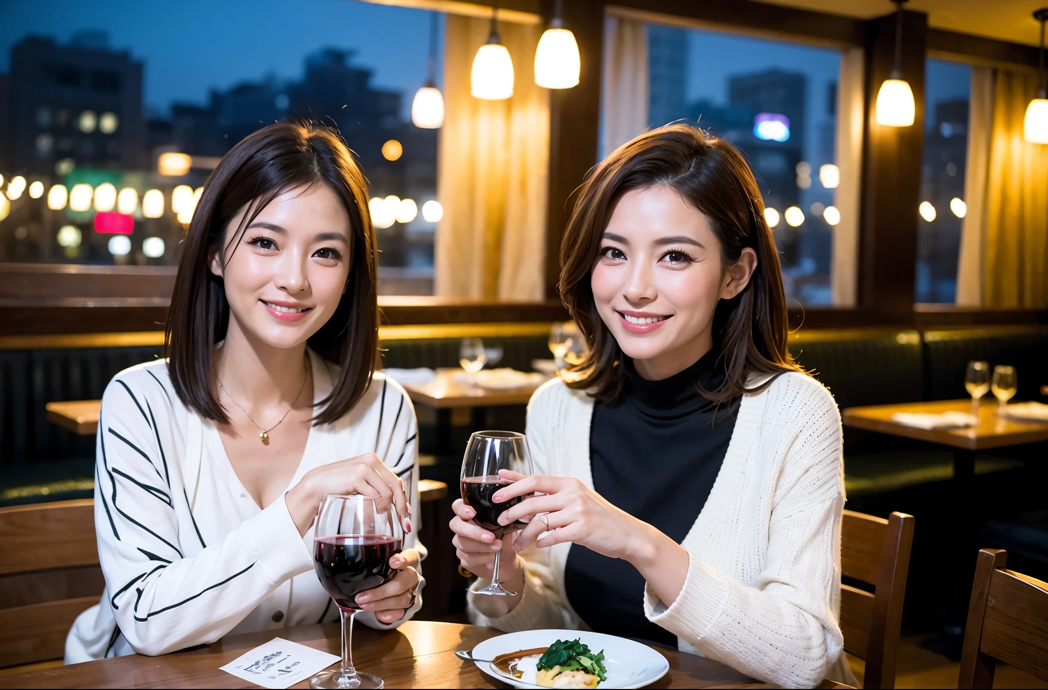 64k, UHD, highest quality, masterpiece: 1.2), (realistic, photorealistic: 1.37), Super detailed, celebration party、beauty、Charm、beautiful mature woman、Japanese sakeを愛する3人の女性、three men、luxury hotel、Japanese sake、Shochu、Sparkling wine、winter night、restaurantでJapanese sake宴会、(slimな男女4名),(5名様でのJapanese sakeパーティー)、(slimフェイス),Happy、 最高なsmile、Fox Face、Berry Short、(because I&#39;thin), (brown hair), (shortcut), long sleeve shirt、winter fashion、Colombia、Brazilian、Japanese、Dutch、German、Portuguese、Belgian、Italian、french, (gushing), (slimボティ), (brown hair), (shortcut), 端正なbeauty、cheeks blush a little, (41 years old), 38 years old, 35 years old、32 years old、 A beautiful and detailed night view spreads out outside the window........, restaurant, wine glassが座っている, At night, in a prominent place (from the Upper body) nova frog style, actress, model, Upper body, White wine, slim, wine glass, very beautiful night view, wine glass Put in the Middle, Happy smile, (smile: 1.15), 