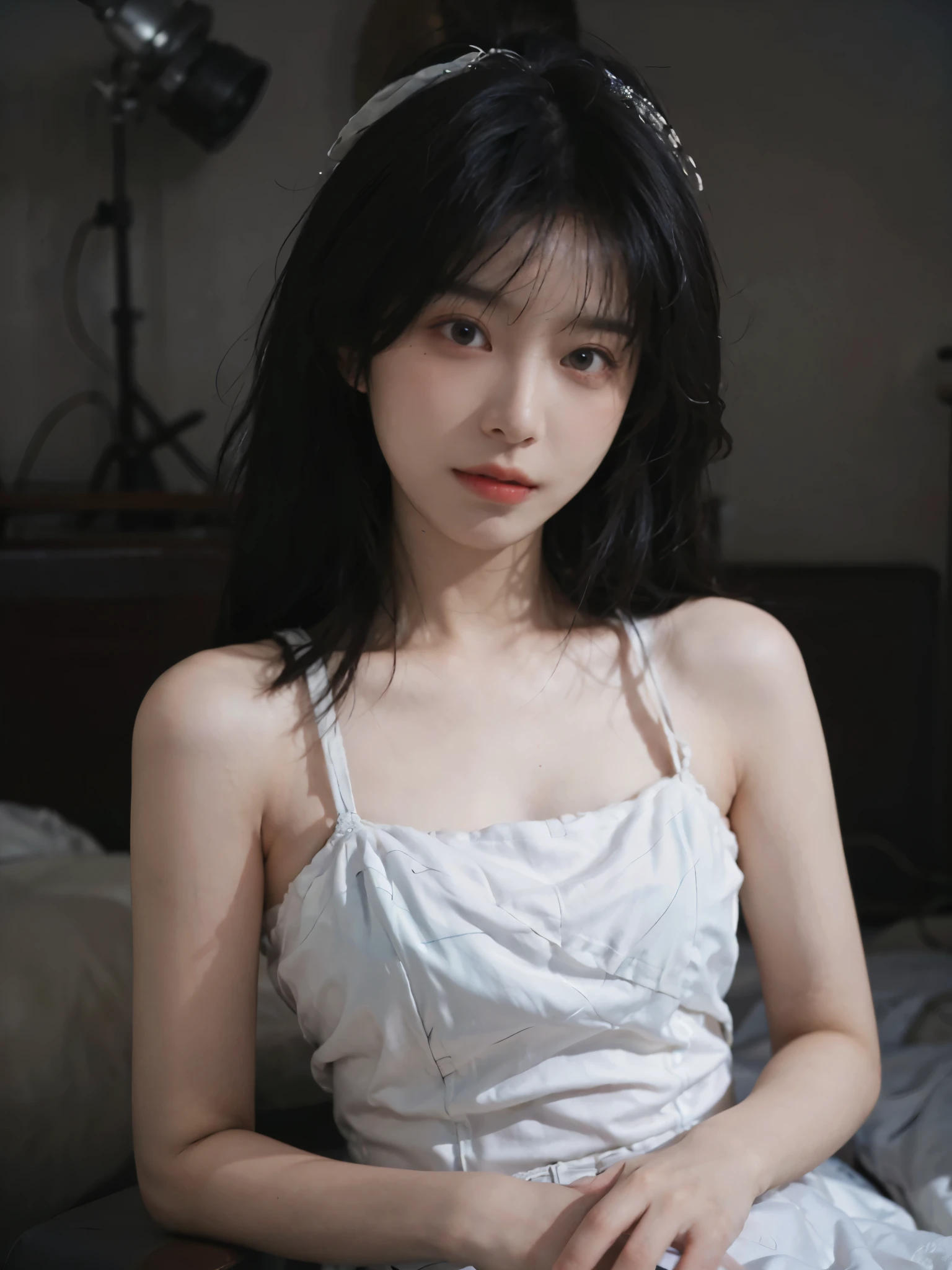 Film portrait photography, 2 girls, bare shoulders, Shoulder length wavy hair, white wedding dress, (Realistic and detailed eyes, natural skin texture, Realistic facial details), Soft dramatic lighting, depth of field, Bokeh, Vibrant details, Detailed and detailed, surreal, 35mm film, hazy, ,self-shot,
