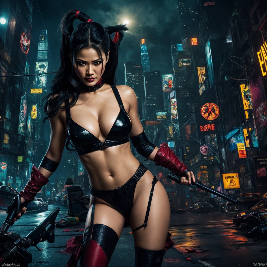 (complex two subjects) best quality,4k,8k,highres,masterpiece:1.2),ultra-detailed,(realistic,photorealistic,photo-realistic:1.37),Sofía Vergara as the sexy Joker. With her alluring charm, she embodies the mischievousness and playfulness of the character. Her eyes captivate with their mesmerizing gaze, drawing you into her world. Her detailed lips, slightly parted in a seductive smile, add to her allure. Kelly Hu takes on the role of Harley Quinn, exuding a distinct sense of craziness and mischief. She flirts with danger and steals the spotlight with her flirtatious expressions and exaggerated gestures. Her vibrant makeup and colorful hair reflect the colorful chaos that surrounds her. The scene is set in the immersive world of Gotham City, with its dark and brooding atmosphere. The city skyline, illuminated by the neon lights of the Joker's antics, creates a haunting backdrop. Both characters are armed with Joker weapons, showcasing their dangerous and unpredictable nature. Sofía Vergara wields an intricately designed weapon, showcasing her power and control. Kelly Hu's weapon complements her wild and unpredictable personality, adding an extra touch of chaos to the scene. The artwork is created in a medium that combines the vividness of illustrations and the richness of oil paintings. With every brushstroke and detail, the image comes to life, evoking the essence of these iconic characters and their unique personalities. The color palette leans towards vibrant and bold hues, reflecting the flamboyant and larger-than-life personalities of the characters. The lighting is dramatic, casting shadows and highlighting the characters' features, adding depth and intensity to the scene. The resulting image is a high-quality masterpiece that captures the essence of these two iconic characters, bringing them to life in a visually stunning and immersive way.