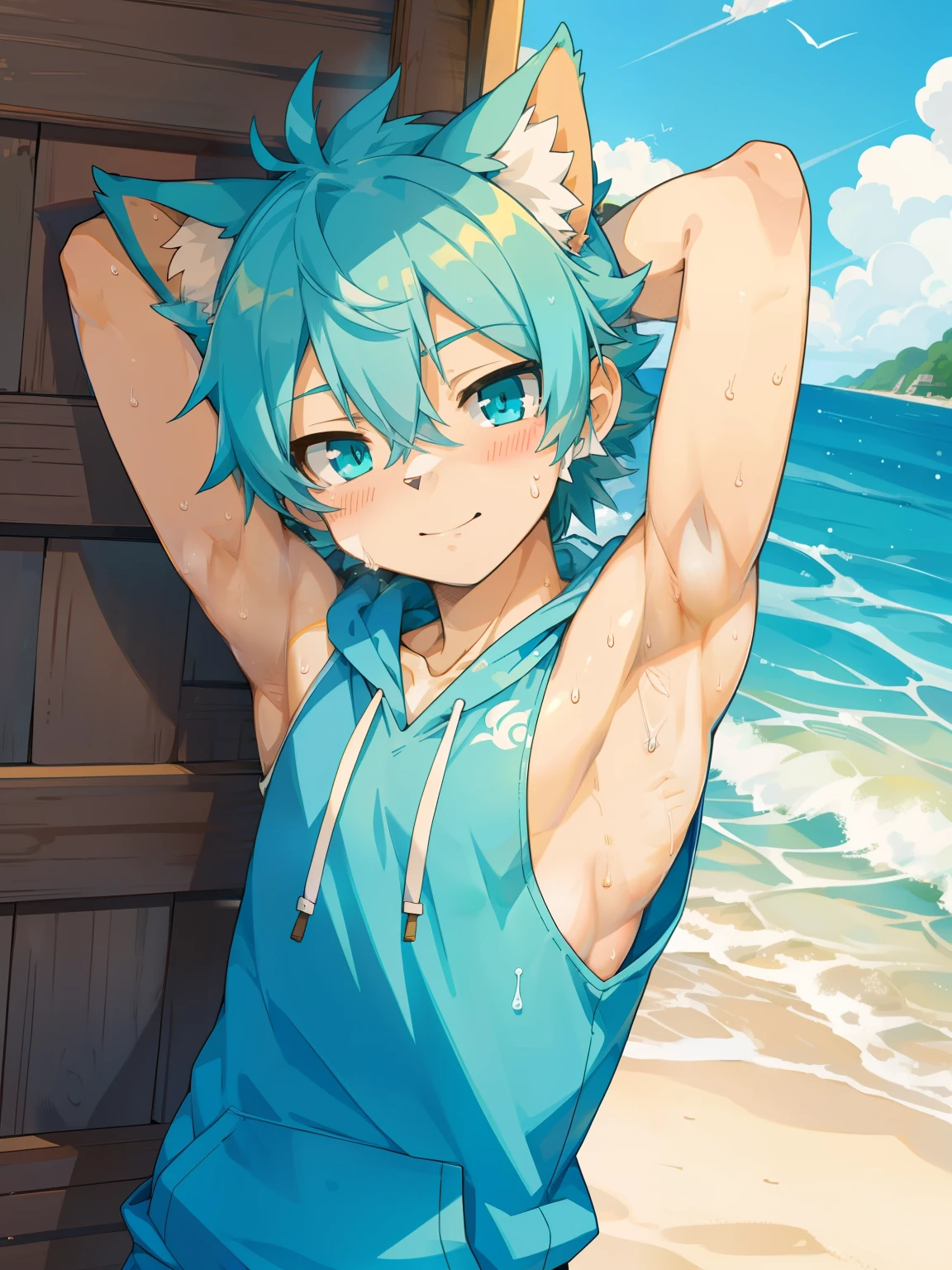 Anime style,top quality, best quality, High-quality illustrations, masterpiece, detailed background, -Yeld-Boyougy, shota, Cyan cat boy, Sleeveless hoodie, Body, (Showing armpit:1.4), Slim body, Slim stomach, Beach, cute, handsome, Happy, joyful, Sweat, Blush, (highly detailed beautiful face and eyes)perfect anatomy(kemono, furry anthro)
