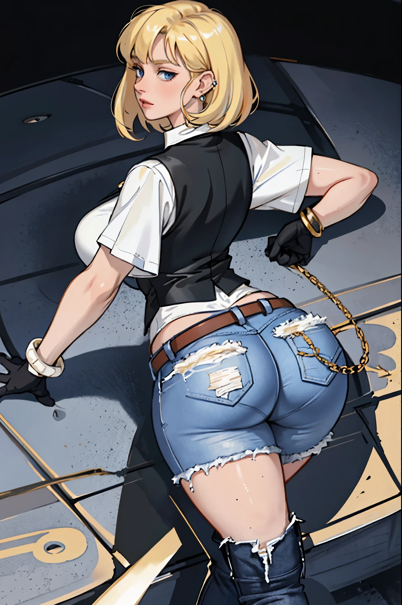 best quality, masterpiece, 1girl, thicc blonde woman, solo, blue eyes, belt, jeans, pearl_necklace, bracelet, black gloves, white shirt, short hair, short sleeves, earrings, black pants, open vest, black vest, large breasts, lying, from behind, (from behind:1.3), large ass,