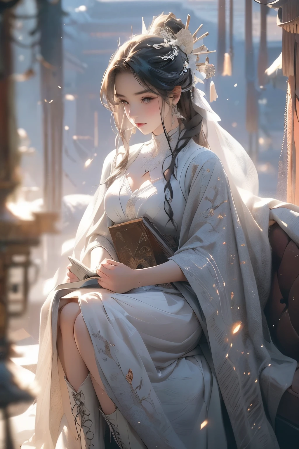 A girl reading a book wearing high boots and white clothes leaning against the sofa，Intellectual beauty，Very detailed，Exquisite headdress，Lace long legs，high quality，8k，Beautiful，Snow outside the window，Dead branches covered with snow，Exquisitely，fantasy art，anime style