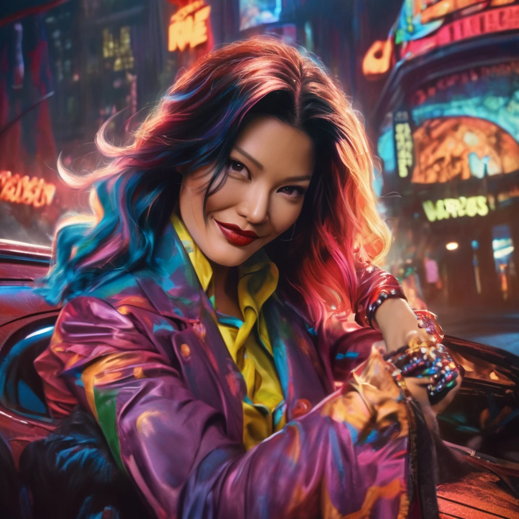(complex two subjects) best quality,4k,8k,highres,masterpiece:1.2),ultra-detailed,(realistic,photorealistic,photo-realistic:1.37),Sofía Vergara as the sexy Joker. With her alluring charm, she embodies the mischievousness and playfulness of the character. Her eyes captivate with their mesmerizing gaze, drawing you into her world. Her detailed lips, slightly parted in a seductive smile, add to her allure. Kelly Hu takes on the role of Harley Quinn, exuding a distinct sense of craziness and mischief. She flirts with danger and steals the spotlight with her  expressions and exaggerated gestures. Her vibrant makeup and colorful hair reflect the colorful chaos that surrounds her. The scene is set in the immersive world of Gotham City, with its dark and brooding atmosphere. The city skyline, illuminated by the neon lights of the Joker's antics, creates a haunting backdrop. Both characters are armed with Joker weapons, showcasing their dangerous and unpredictable nature. Sofía Vergara wields an intricately designed weapon, showcasing her power and control. Kelly Hu's weapon complements her wild and unpredictable personality, adding an extra touch of chaos to the scene. The artwork is created in a medium that combines the vividness of illustrations and the richness of oil paintings. With every brushstroke and detail, the image comes to life, evoking the essence of these iconic characters and their unique personalities. The color palette leans towards vibrant and bold hues, reflecting the flamboyant and larger-than-life personalities of the characters. The lighting is dramatic, casting shadows and highlighting the characters' features, adding depth and intensity to the scene. The resulting image is a high-quality masterpiece that captures the essence of these two iconic characters, bringing them to life in a visually stunning and immersive way.