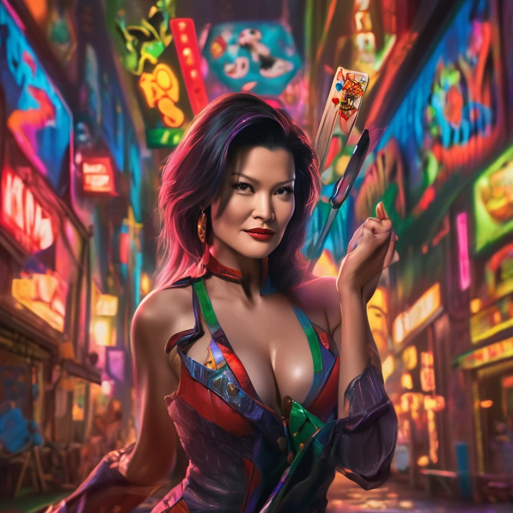(complex two subjects) best quality,4k,8k,highres,masterpiece:1.2),ultra-detailed,(realistic,photorealistic,photo-realistic:1.37),Sofía Vergara as the sexy Joker. With her alluring charm, she embodies the mischievousness and playfulness of the character. Her eyes captivate with their mesmerizing gaze, drawing you into her world. Her detailed lips, slightly parted in a seductive smile, add to her allure. Kelly Hu takes on the role of Harley Quinn, exuding a distinct sense of craziness and mischief. She flirts with danger and steals the spotlight with her flirtatious expressions and exaggerated gestures. Her vibrant makeup and colorful hair reflect the colorful chaos that surrounds her. The scene is set in the immersive world of Gotham City, with its dark and brooding atmosphere. The city skyline, illuminated by the neon lights of the Joker's antics, creates a haunting backdrop. Both characters are armed with Joker weapons, showcasing their dangerous and unpredictable nature. Sofía Vergara wields an intricately designed weapon, showcasing her power and control. Kelly Hu's weapon complements her wild and unpredictable personality, adding an extra touch of chaos to the scene. The artwork is created in a medium that combines the vividness of illustrations and the richness of oil paintings. With every brushstroke and detail, the image comes to life, evoking the essence of these iconic characters and their unique personalities. The color palette leans towards vibrant and bold hues, reflecting the flamboyant and larger-than-life personalities of the characters. The lighting is dramatic, casting shadows and highlighting the characters' features, adding depth and intensity to the scene. The resulting image is a high-quality masterpiece that captures the essence of these two iconic characters, bringing them to life in a visually stunning and immersive way.