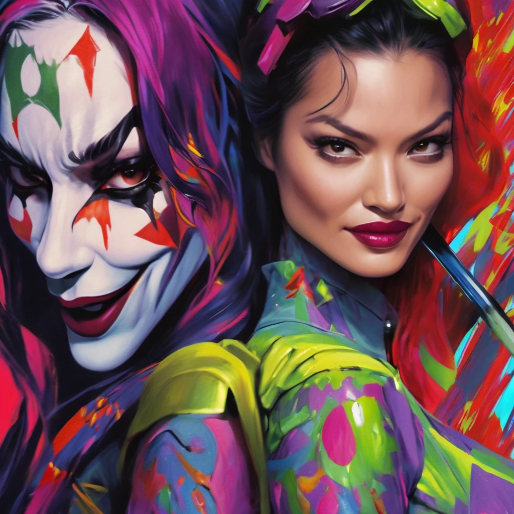 (complex two subjects) best quality,4k,8k,highres,masterpiece:1.2),ultra-detailed,(realistic,photorealistic,photo-realistic:1.37),Sofía Vergara as the sexy Joker. With her alluring charm, she embodies the mischievousness and playfulness of the character. Her eyes captivate with their mesmerizing gaze, drawing you into her world. Her detailed lips, slightly parted in a seductive smile, add to her allure. Kelly Hu takes on the role of Harley Quinn, exuding a distinct sense of craziness and mischief. She flirts with danger and steals the spotlight with her  expressions and exaggerated gestures. Her vibrant makeup and colorful hair reflect the colorful chaos that surrounds her. The scene is set in the immersive world of Gotham City, with its dark and brooding atmosphere. The city skyline, illuminated by the neon lights of the Joker's antics, creates a haunting backdrop. Both characters are armed with Joker weapons, showcasing their dangerous and unpredictable nature. Sofía Vergara wields an intricately designed weapon, showcasing her power and control. Kelly Hu's weapon complements her wild and unpredictable personality, adding an extra touch of chaos to the scene. The artwork is created in a medium that combines the vividness of illustrations and the richness of oil paintings. With every brushstroke and detail, the image comes to life, evoking the essence of these iconic characters and their unique personalities. The color palette leans towards vibrant and bold hues, reflecting the flamboyant and larger-than-life personalities of the characters. The lighting is dramatic, casting shadows and highlighting the characters' features, adding depth and intensity to the scene. The resulting image is a high-quality masterpiece that captures the essence of these two iconic characters, bringing them to life in a visually stunning and immersive way.