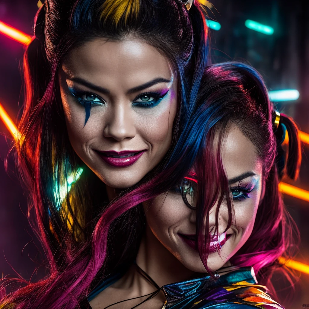 (complex two subjects) best quality,4k,8k,highres,masterpiece:1.2),ultra-detailed,(realistic,photorealistic,photo-realistic:1.37),Sofía Vergara as the sexy Joker. With her alluring charm, she embodies the mischievousness and playfulness of the character. Her eyes captivate with their mesmerizing gaze, drawing you into her world. Her detailed lips, slightly parted in a seductive smile, add to her allure. Kelly Hu takes on the role of Harley Quinn, exuding a distinct sense of craziness and mischief. She flirts with danger and steals the spotlight with her  expressions and exaggerated gestures. Her vibrant makeup and colorful hair reflect the colorful chaos that surrounds her. The scene is set in the immersive world of Gotham City, with its dark and brooding atmosphere. The city skyline, illuminated by the neon lights of the Joker's antics, creates a haunting backdrop. Both characters are armed with Joker weapons, showcasing their dangerous and unpredictable nature. Sofía Vergara wields an intricately designed weapon, showcasing her power and control. Kelly Hu's weapon complements her wild and unpredictable personality, adding an extra touch of chaos to the scene. The artwork is created in a medium that combines the vividness of illustrations and the richness of oil paintings. With every brushstroke and detail, the image comes to life, evoking the essence of these iconic characters and their unique personalities. The color palette leans towards vibrant and bold hues, reflecting the flamboyant and larger-than-life personalities of the characters. The lighting is dramatic, casting shadows and highlighting the characters' features, adding depth and intensity to the scene. The resulting image is a high-quality masterpiece that captures the essence of these two iconic characters, bringing them to life in a visually stunning and immersive way.