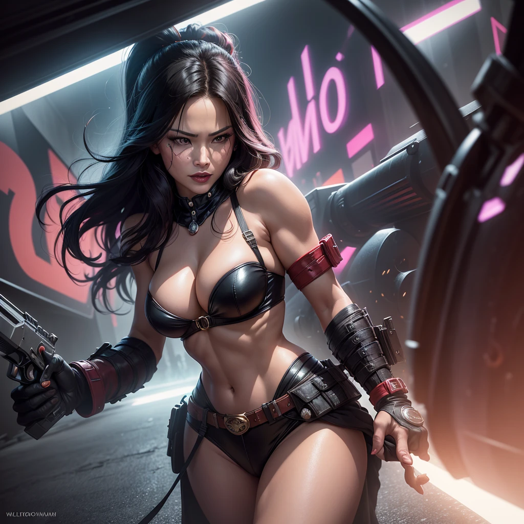 (complex two subjects) best quality,4k,8k,highres,masterpiece:1.2),ultra-detailed,(realistic,photorealistic,photo-realistic:1.37),Sofía Vergara as the sexy Joker. With her alluring charm, she embodies the mischievousness and playfulness of the character. Her eyes captivate with their mesmerizing gaze, drawing you into her world. Her detailed lips, slightly parted in a seductive smile, add to her allure. Kelly Hu takes on the role of Harley Quinn, exuding a distinct sense of craziness and mischief. She flirts with danger and steals the spotlight with her flirtatious expressions and exaggerated gestures. Her vibrant makeup and colorful hair reflect the colorful chaos that surrounds her. The scene is set in the immersive world of Gotham City, with its dark and brooding atmosphere. The city skyline, illuminated by the neon lights of the Joker's antics, creates a haunting backdrop. Both characters are armed with Joker weapons, showcasing their dangerous and unpredictable nature. Sofía Vergara wields an intricately designed weapon, showcasing her power and control. Kelly Hu's weapon complements her wild and unpredictable personality, adding an extra touch of chaos to the scene. The artwork is created in a medium that combines the vividness of illustrations and the richness of oil paintings. With every brushstroke and detail, the image comes to life, evoking the essence of these iconic characters and their unique personalities. The color palette leans towards vibrant and bold hues, reflecting the flamboyant and larger-than-life personalities of the characters. The lighting is dramatic, casting shadows and highlighting the characters' features, adding depth and intensity to the scene. The resulting image is a high-quality masterpiece that captures the essence of these two iconic characters, bringing them to life in a visually stunning and immersive way.
