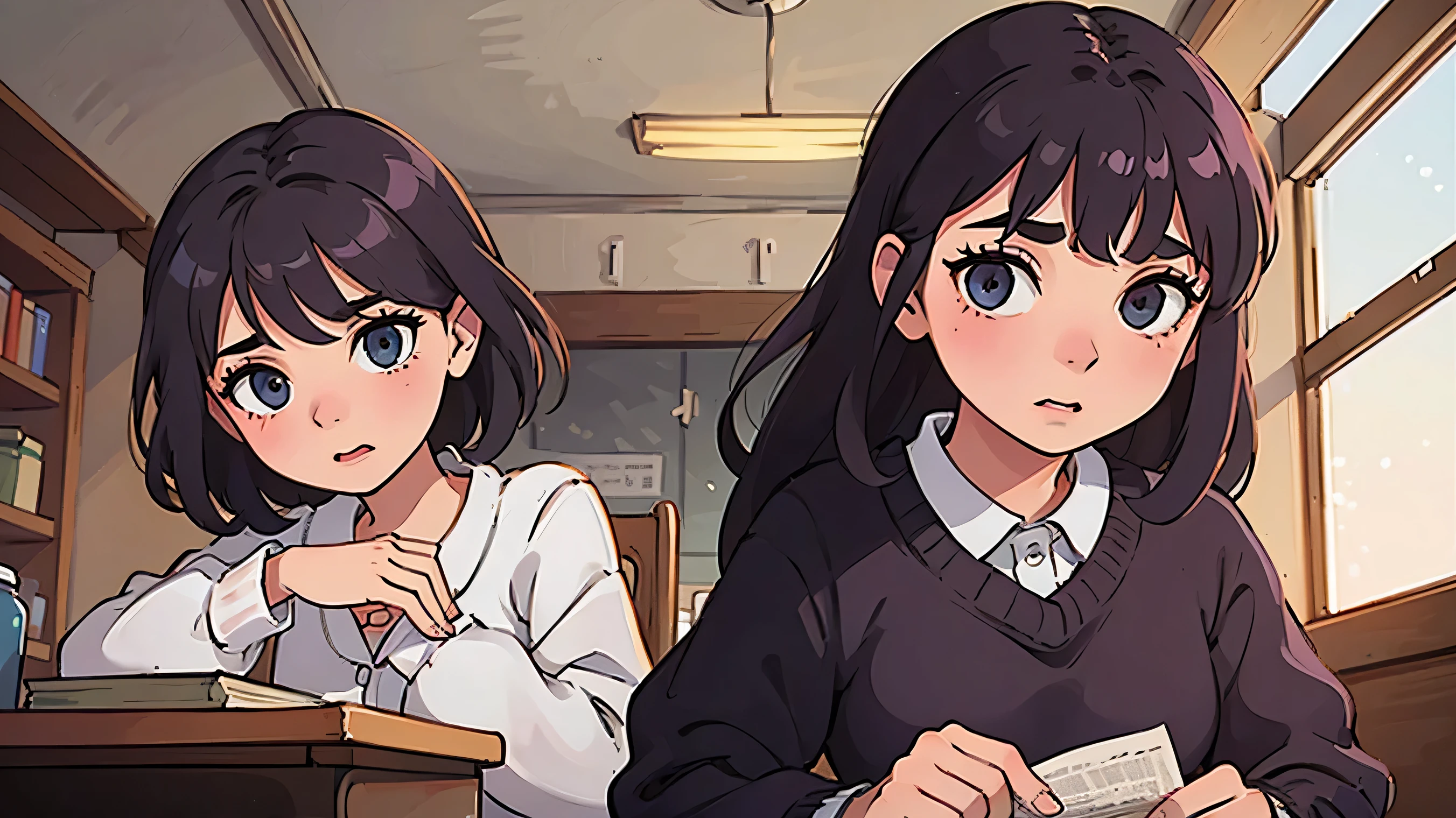 School girls, quiet and inquisitive girl sitting in library chair delicately runs her fingers along the spines of ancient sheet music. Sitting Beside her another girl lively and adventurous friend, taps her foot impatiently.
