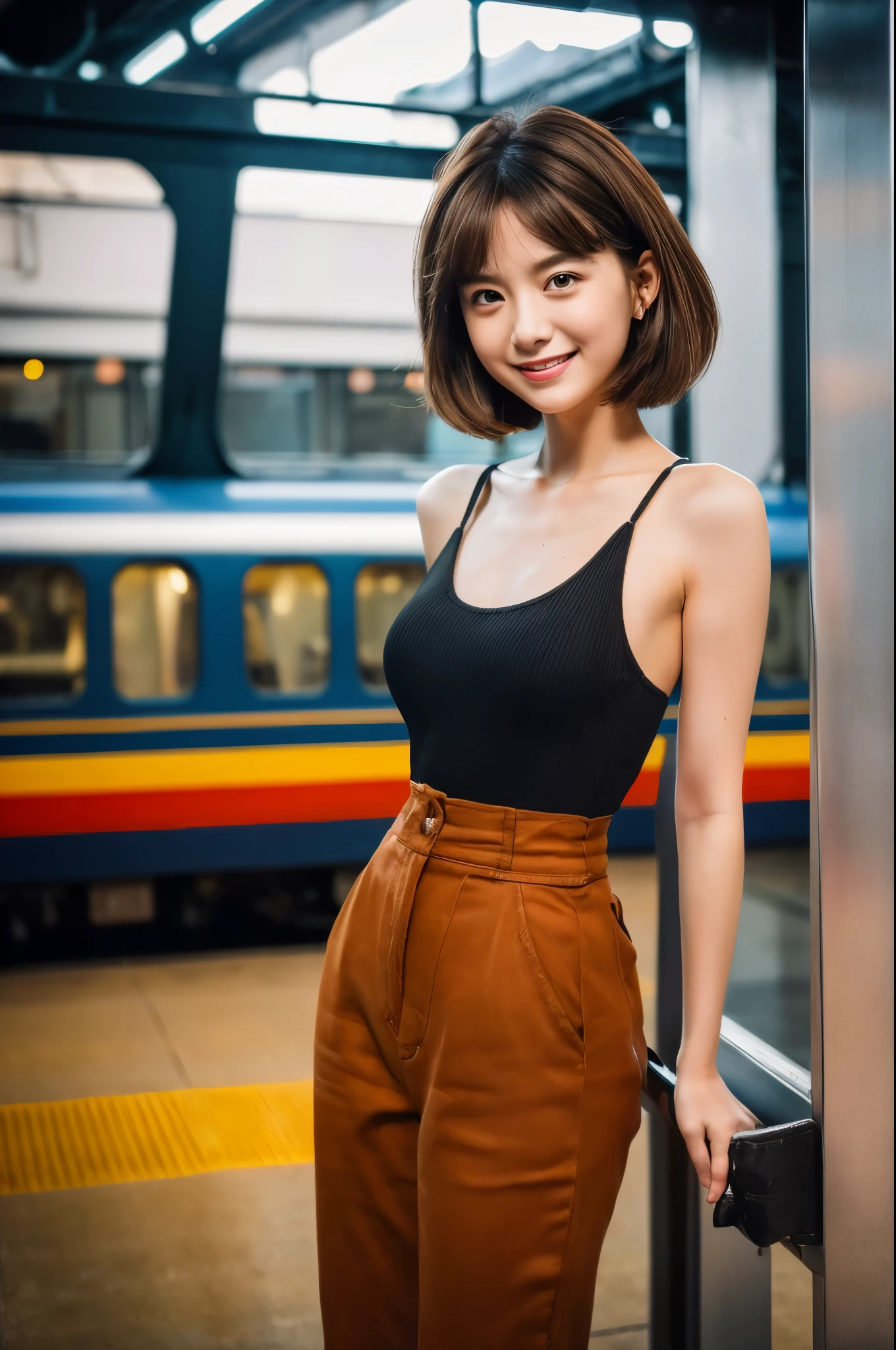 (8K, RAW photography, top-quality, masterpiece:1.2), (hentail realism, Photorealsitic:1.37), ultra - detailed, Super high resolution, 1 rapariga, see the beholder, beautifull detailed face, A smile, shrinks, (Very thin waist) :1.3), short cut hair, beautiful detailed skin, Skin texture, Floating hair, Professional lighting, Wait for the platform train, Black-framed square mirror, full bodyesbian, Brown hair