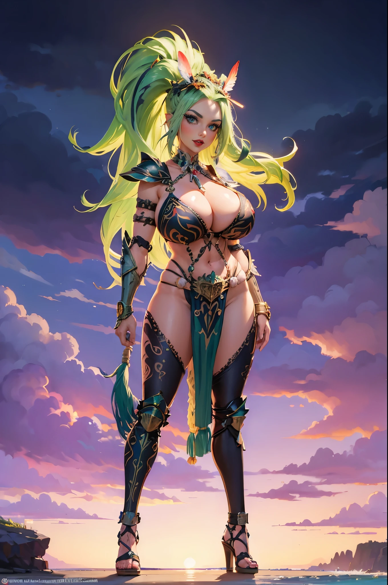 masterpiece, best quality,  kayna, headdress, feathers, tribal, bikini armor, (huge breasts), vambraces, (green hair, ponytail), tattoo, bodypaint, standing, looking at viewer, full body, smile, beach, sky, clouds