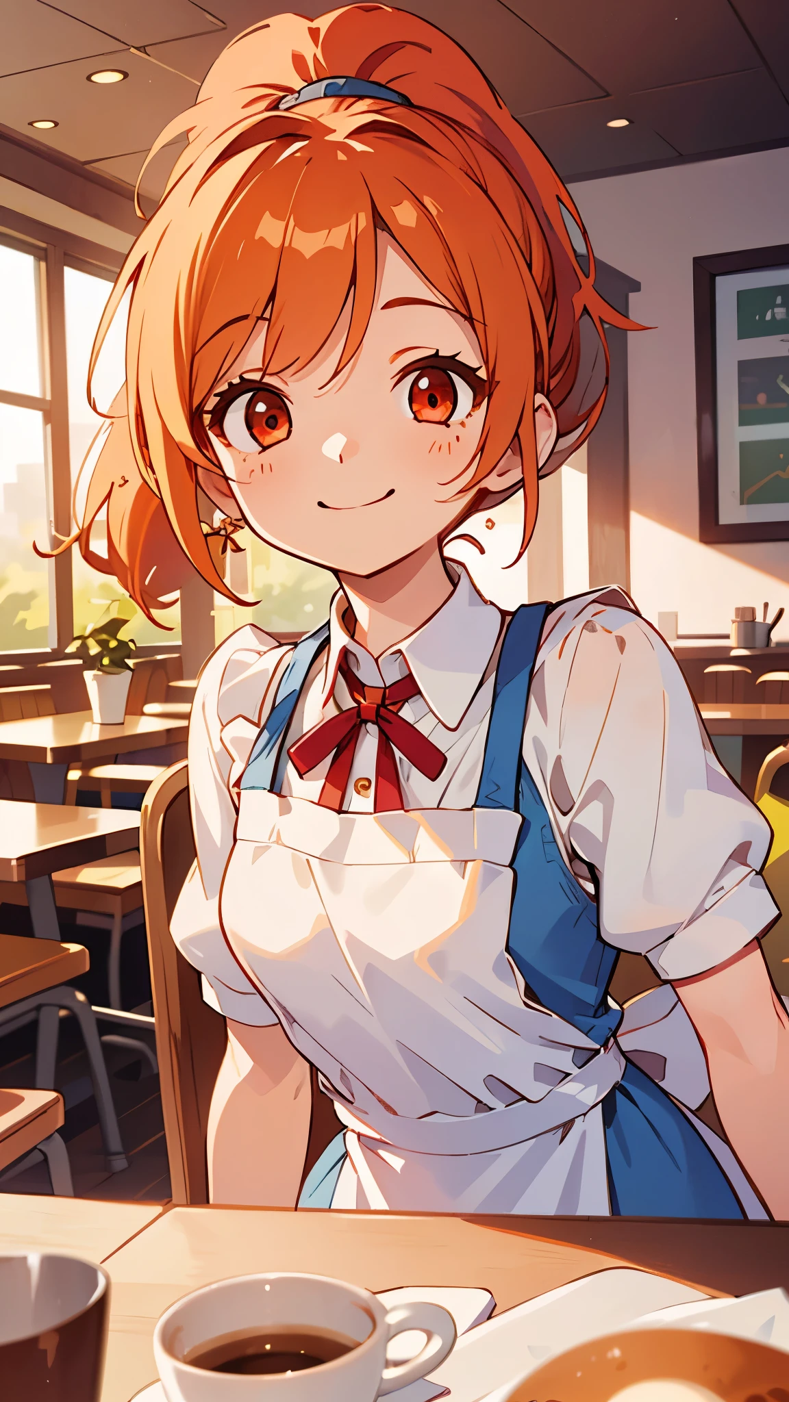 1 girl、white blouse、blue skirt、upper body up、orange hair、ponytail、red round eyes、small breasts、smile、Apron appearance、((indoor、morning、Cafe))、sharp outline