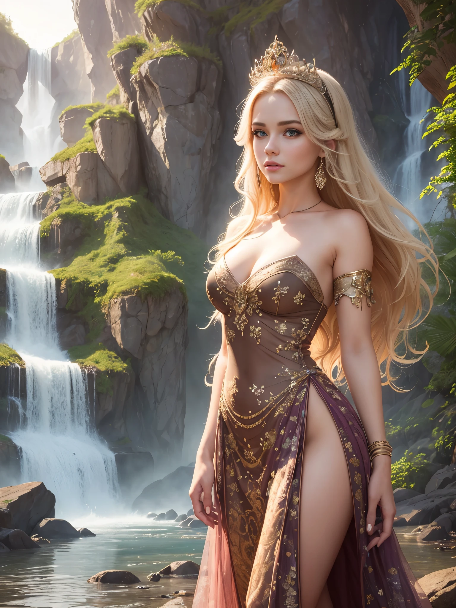 Ultra realistic beautiful woman, disney princess, 20 years old, long blonde hair, with a low-cut dress,princess finery, woman in front of a very beautiful waterfall, super realistic 8k resolution