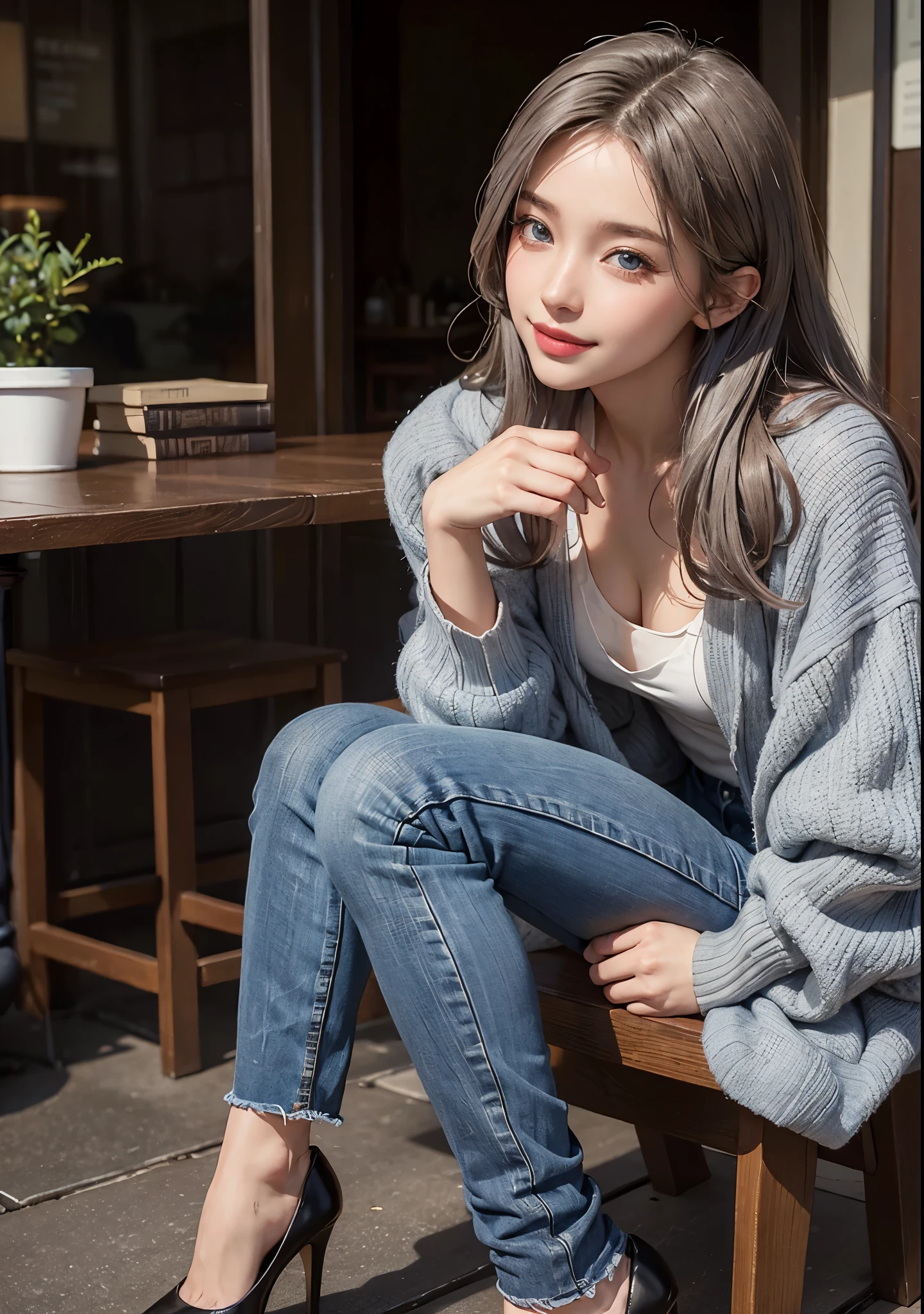 ((Close-up))、(1 girl)、(28 years old)、(Half European and Korean)、(view view)、(best smile)、(cardigan、denim pants、high heels)、(blue eyes)、(long hair)、(gray hair)、(8K, Best Quality, Masterpiece: 1,3), (Realistic, Photorealistic: 1.4), perfect body、high quality shadows、highly detailed face、award-winning、 evening、coffee shop with large windows、sitting in a chair、