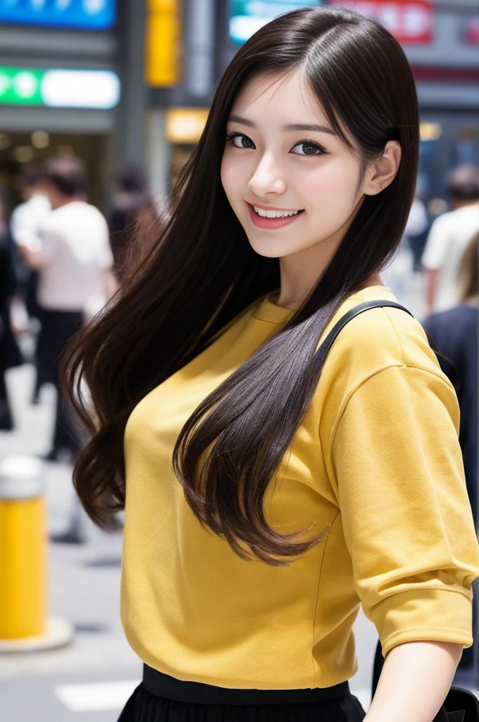 8K super resolution、Beautiful woman、one woman、black hair:1.1、highly detailed face、detailed lips、important、（eyes are in focus）、double eyelid、Eyes of the Princess、 beautiful japanese woman、beautiful japanese girl、 sensual lip、bewitching body、Bust Size 82、8 life size、Standing in a natural and stimulating pose with good left and right balance and facing forward.、20&#39;s、（24-years-old）、perspective、very cute smile, Wear a black Y-shirt and long skirt for a calm atmosphere.、hair blowing in the wind、important（Detailed number and shape of hands）、clear image、detailed eye sparkles、Detailed background of the Tokyo Shinjuku Station intersection、Nagoya roll hairstyle、blur the background、has a stylish bag,