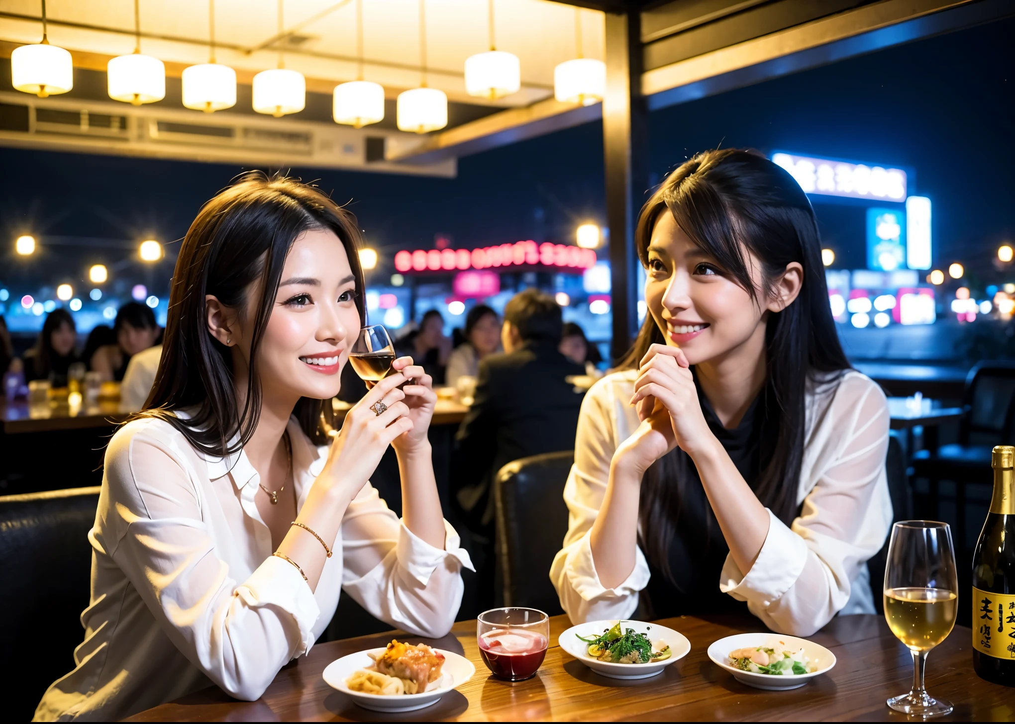64k, UHD, highest quality, masterpiece: 1.2), (realistic, photorealistic: 1.37), Super detailed, celebration party、beauty、Charm、beautiful mature woman、Three women who love sake、three men、luxury hotel、SAKESake、Shochu、Sparkling wine、winter night、restaurantで日本酒宴会、(slimな男女4名),(Sake party for 5 people)、(slimフェイス),Happy、 最高なsmile、Fox Face、Berry Short、(because I&#39;thin), (brown hair), (shortcut), long sleeve shirt、winter fashion、Colombia、Brazilian、Japanese、Dutch、German、Portuguese、Belgian、Italian、french, (gushing), (slimボティ), (brown hair), (shortcut), 端正なbeauty、cheeks blush a little, (41 years old), 38 years old, 35 years old、32 years old、 A beautiful and detailed night view spreads out outside the window........, restaurant, wine glass sitting, At night, in a prominent place (from the Upper body) nova frog style, actress, model, Upper body, White wine, slim,SAKE,very beautiful night view,  Put in the Middle, Happy smile, (smile: 1.15), 