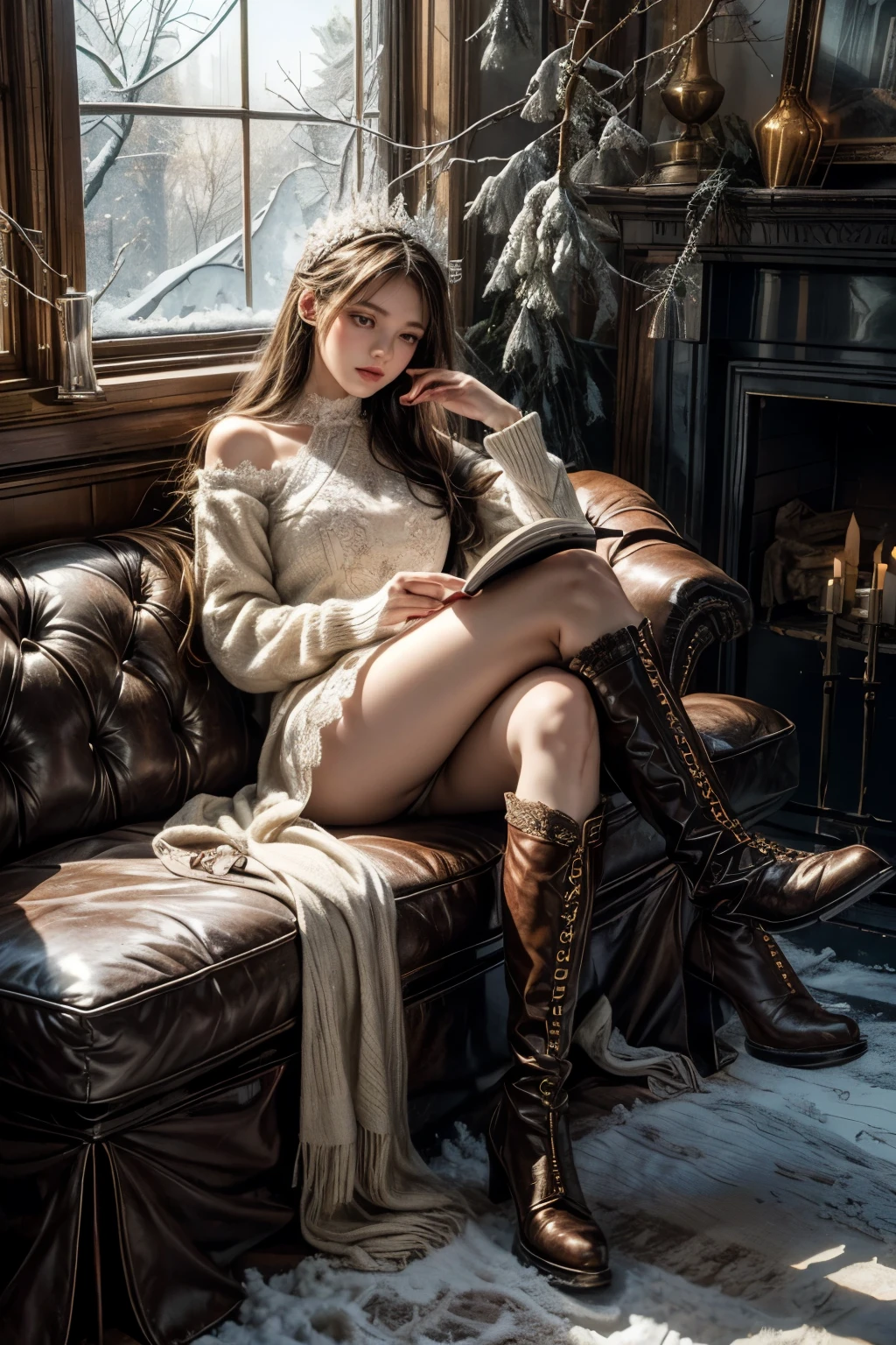 A girl reading a book wearing high boots and white clothes leaning against the sofa,Intellectual beauty,Very detailed,Exquisite headdress,Lace long legs,high quality,8k,Beautiful,Snow outside the window,Dead branches covered with snow,Exquisitely,fantasy art,