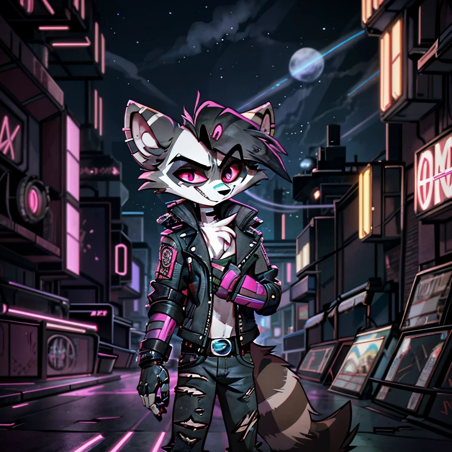 In the solitary realm of Hazbin Hotel, a scruffy and masculine raccoon demon inspired by Rocket Raccoon captivates with his mischievous charm. With a color pattern of dark gray fur highlighted by striking bands of black and white, he embodies a unique and rugged appeal. Embracing cyberpunk fashion, he exudes a rebellious vibe with a weathered leather jacket, ripped jeans, and glowing cybernetic enhancements. Against the backdrop of neon-lit cityscapes, his presence, with his distinct color pattern and cyberpunk style, adds an enigmatic and captivating touch, making him the sole embodiment of mischief and rebellion in the vibrant world of Hazbin Hotel. ((solo)), ((1person))