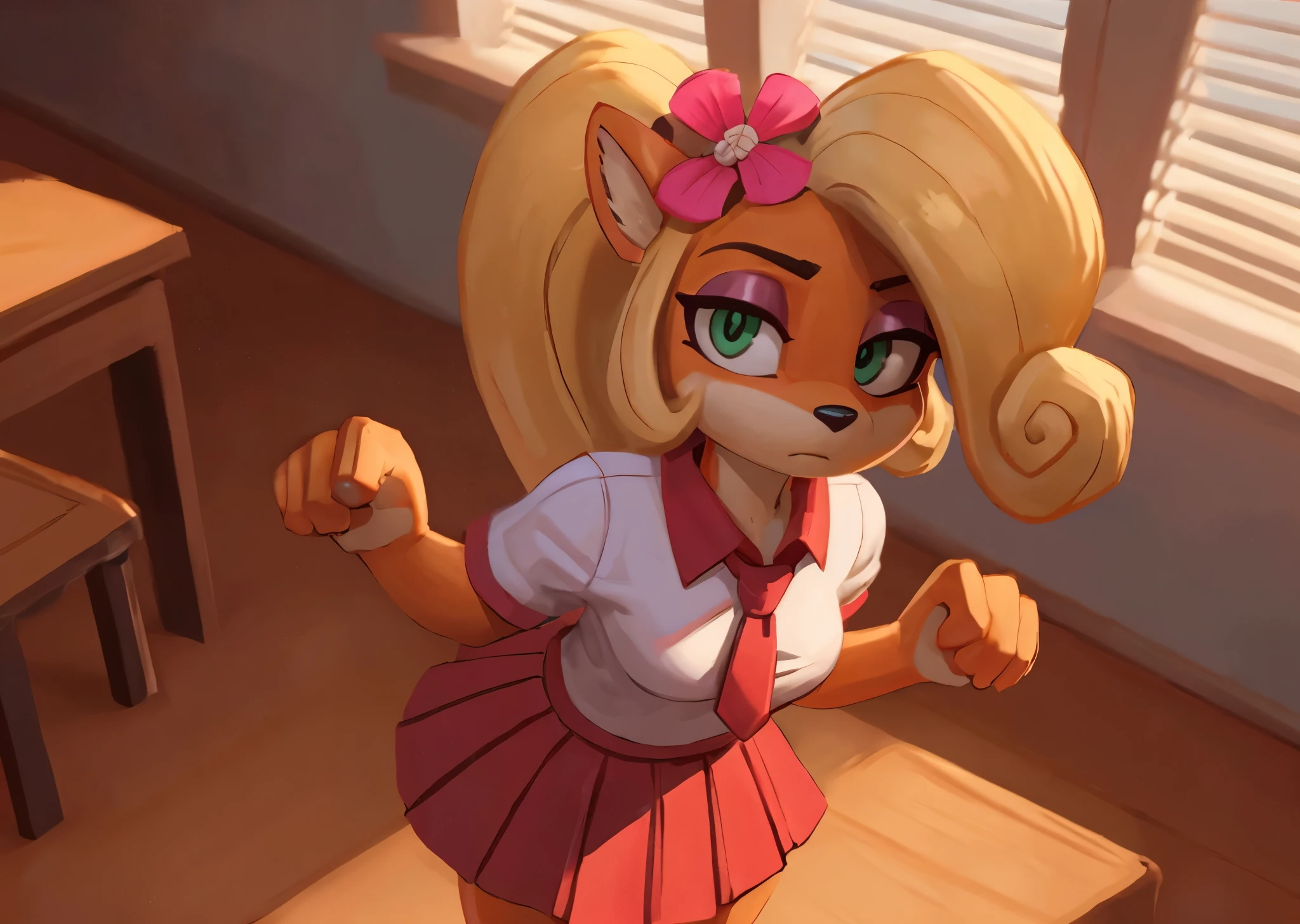 [Coco bandicoot], [Uploaded to e621.net; (Pixelsketcher), (wamudraws)}, ((masterpiece)), ((HD)), ((high res)), ((solo portrait)), ((full body)), ((front view)), ((lower-angle view)), ((ground-up POV)), ((furry; anthro)), ((detailed fur)), ((detailed shading)), ((beautiful render art)), ((intricate details)), {anthro; orange fur, black nose, (cute green eyes), (half-closed eyes), (short eyelashes), (pink eyeshadow), blonde curly hair, curly ponytail, (curvy hips), (beautiful legs), (blushing), (cute frown), (embarrassed expression), (nervous expression)}, {(white button-up shirt). (pink neck tie), (short plaid red skirt), (pink flower in hair)}, {(standing), (paw pose) (looking at viewer)}, [background; (school), (classroom), (blinds on window), (blue sky), (sun rays), (ambient lighting)]