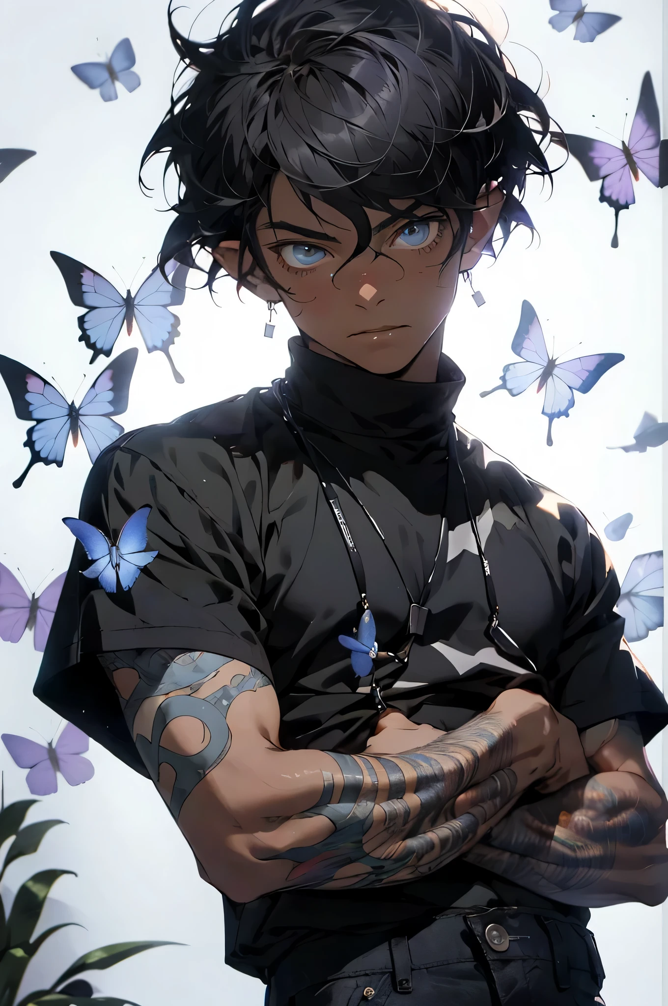 Short-haired black male character with braids, shirtless,black jeans， There are blooming blue butterflies in the background of the character&#39;clothes and face, (blue clothes) Holographic butterfly background, dark shadow, Cinema lighting, (1 boy:1.3), ((dark skin)), black hair, mystery, handsome man, ((hip hop style)), moody lighting, quiet, calm, brightness, masterpiece, best quality,  masterpiece, best quality, John Singer Sargent, 1 boy, elf prince, blonde ponytail, oil painting portrait, simple background