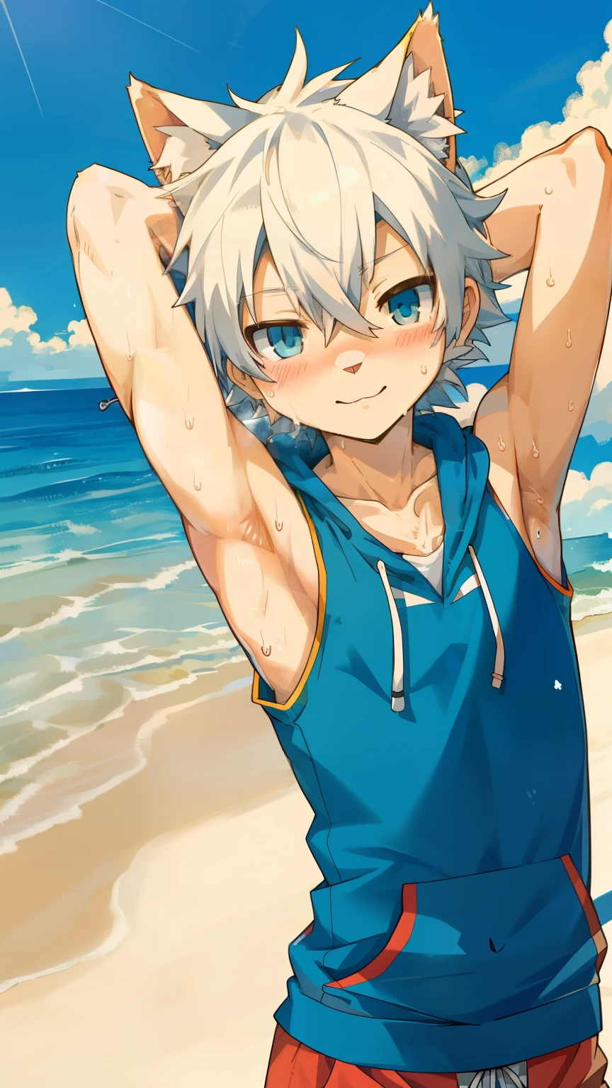 Anime style,top quality, best quality, High-quality illustrations, masterpiece, detailed background, -Yeld-Boyougy, shota, White cat boy, Sleeveless hoodie, Body, (Showing armpit:1.4), Slim body, Slim stomach, Beach, cute, handsome, Happy, joyful, Sweat, Blush, (highly detailed beautiful face and eyes)perfect anatomy(kemono, furry anthro)