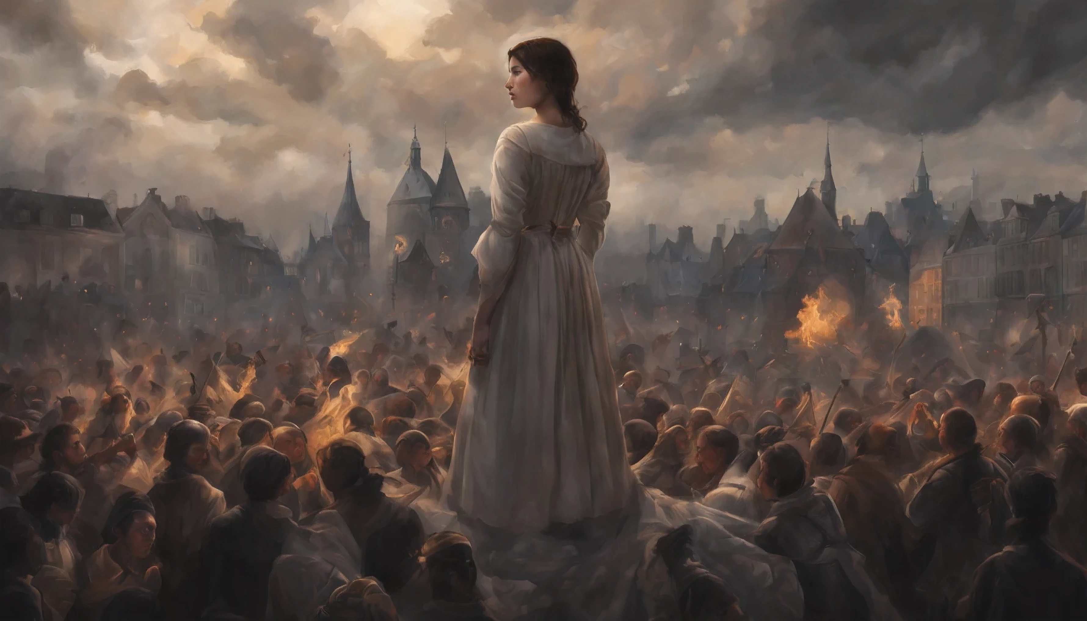 Joan of Arc tied to a large pyre that is on fire, located in a town square, around her there is a lot of fire and citizens, some of them are praying, she wears a white gown or frock, she she stairs up at a ray of light piercing the clouds, some of the citizens are yelling at her, she has black short hair without bangs, pale skin, dramatic lighting, dark weather, dark tones, super detailed, serene expression, looking upwards with eyes half closed