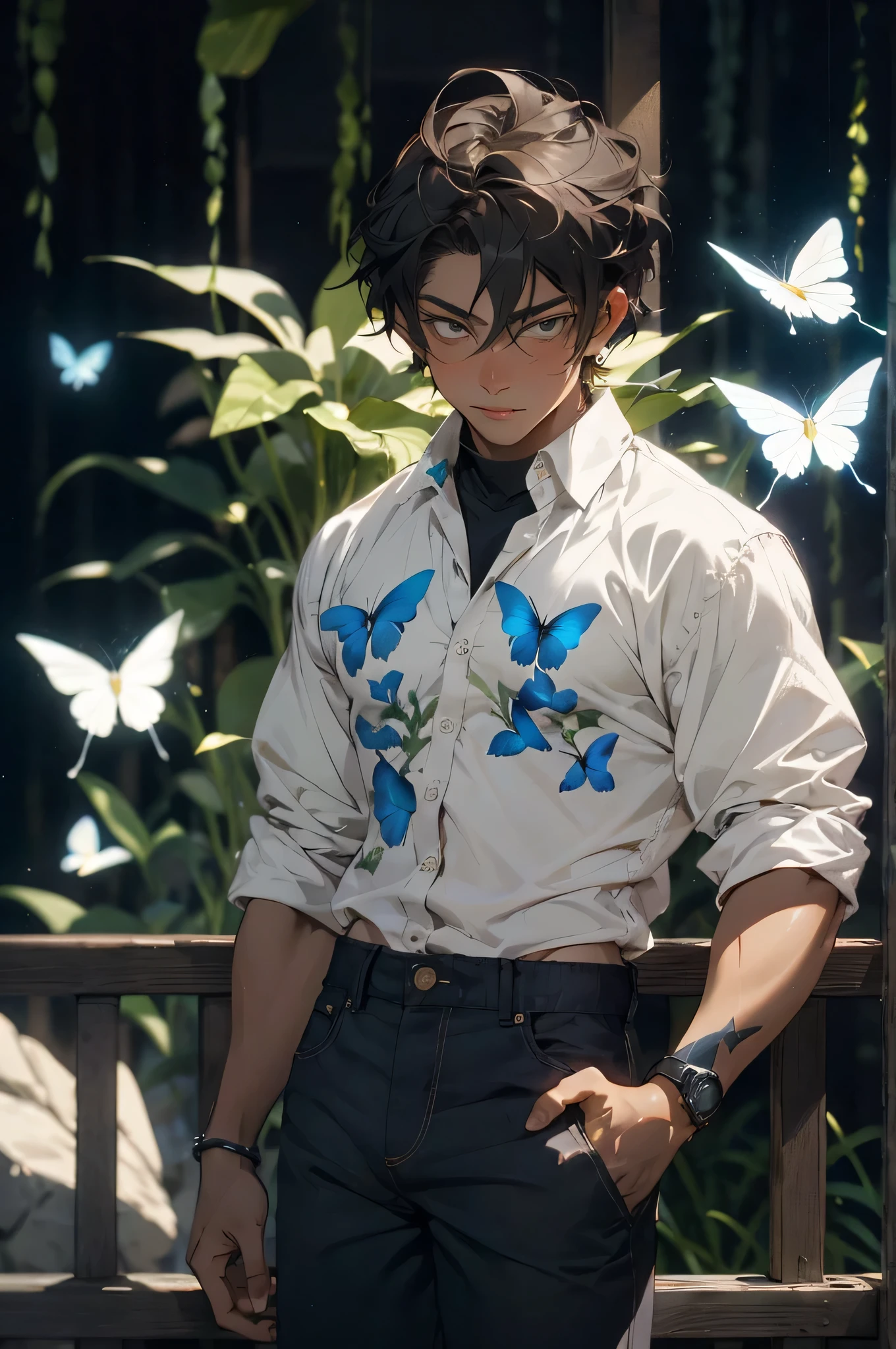 Short-haired black male character with braids, shirtless,black jeans,Muscular man with blooming blue butterflies in clothes and face background, (blue clothes) Holographic butterfly background, dark shadow, Cinema lighting, (1 boy:1.3), ((dark skin)), black hair, mystery, handsome man, ((hip hop style)), moody lighting, quiet, calm, brightness, masterpiece, best quality, masterpiece, best quality, John Singer Sargent, 1 boy, elf prince, blonde ponytail, oil painting portrait, simple background