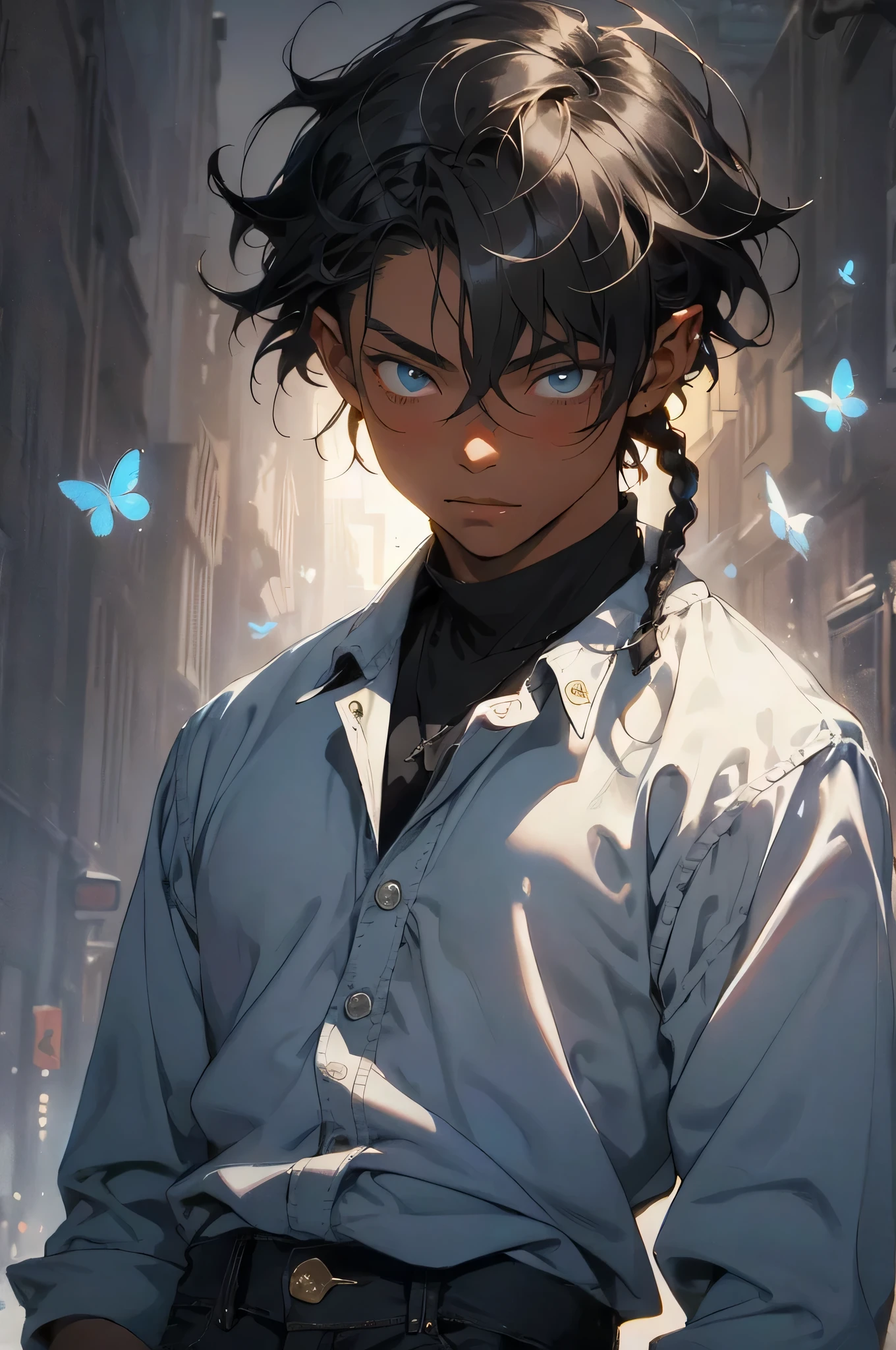 Short-haired black male character with braids, shirtless,black jeans，Muscular man with blooming blue butterflies in clothes and face background, (blue clothes) Holographic butterfly background, dark shadow, Cinema lighting, (1 boy:1.3), ((dark skin)), black hair, mystery, handsome man, ((hip hop style)), moody lighting, quiet, calm, brightness, masterpiece, best quality,  masterpiece, best quality, John Singer Sargent, 1 boy, elf prince, blonde ponytail, oil painting portrait, simple background