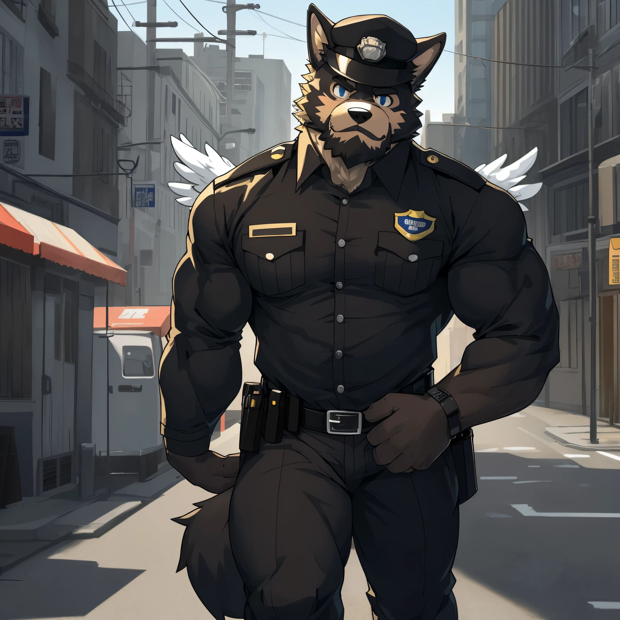 top quality, best quality, super high resolution, detailed background, magazine cover(highly detailed beautiful face and eyes)absurdres, perfect anatomy((angelic nice 1boy, kemono, solo focus, muscle man, beard))(((furry)))(furry anthro:1.7)((((Furry body, dog facial features, dog body features))))((very detailed body fur))full body(dignified)police officer, SWAT, street, muscle, facial hair, volumetric lighting, depth of field, gasping for air, raised crotch, black clothes, ((black police uniform)) shirt,