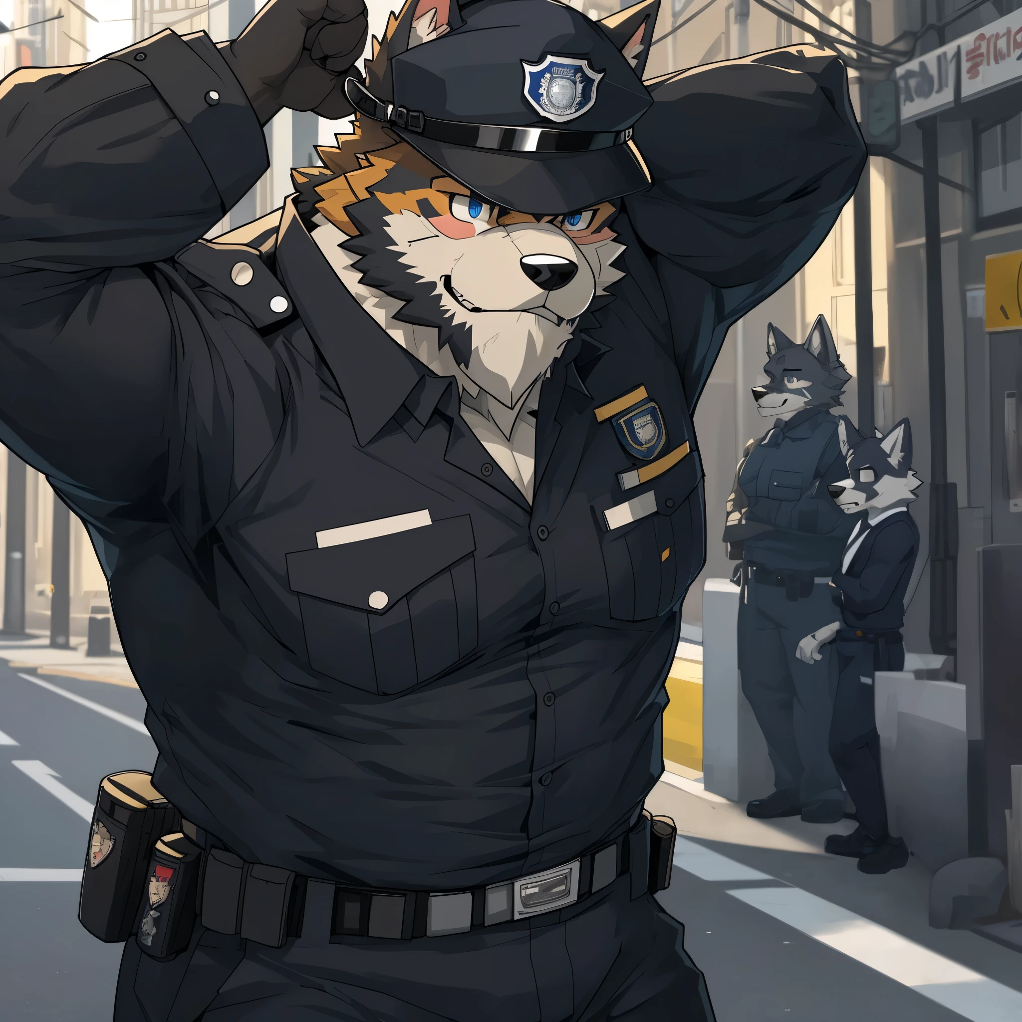 top quality, best quality, super high resolution, detailed background, magazine cover(highly detailed beautiful face and eyes)absurdres, perfect ???????((angelic nice 1boy, kemono, solo focus, muscle man, beard))(((furry)))(furry anthro:1.7)((((Furry body, dog facial features, dog body features))))((very detailed body fur))full body(dignified)police officer, SWAT, street, muscle, facial hair, volumetric lighting, depth of field, gasping for air, raised ??????, black clothes, ((black police uniform)) shirt,
