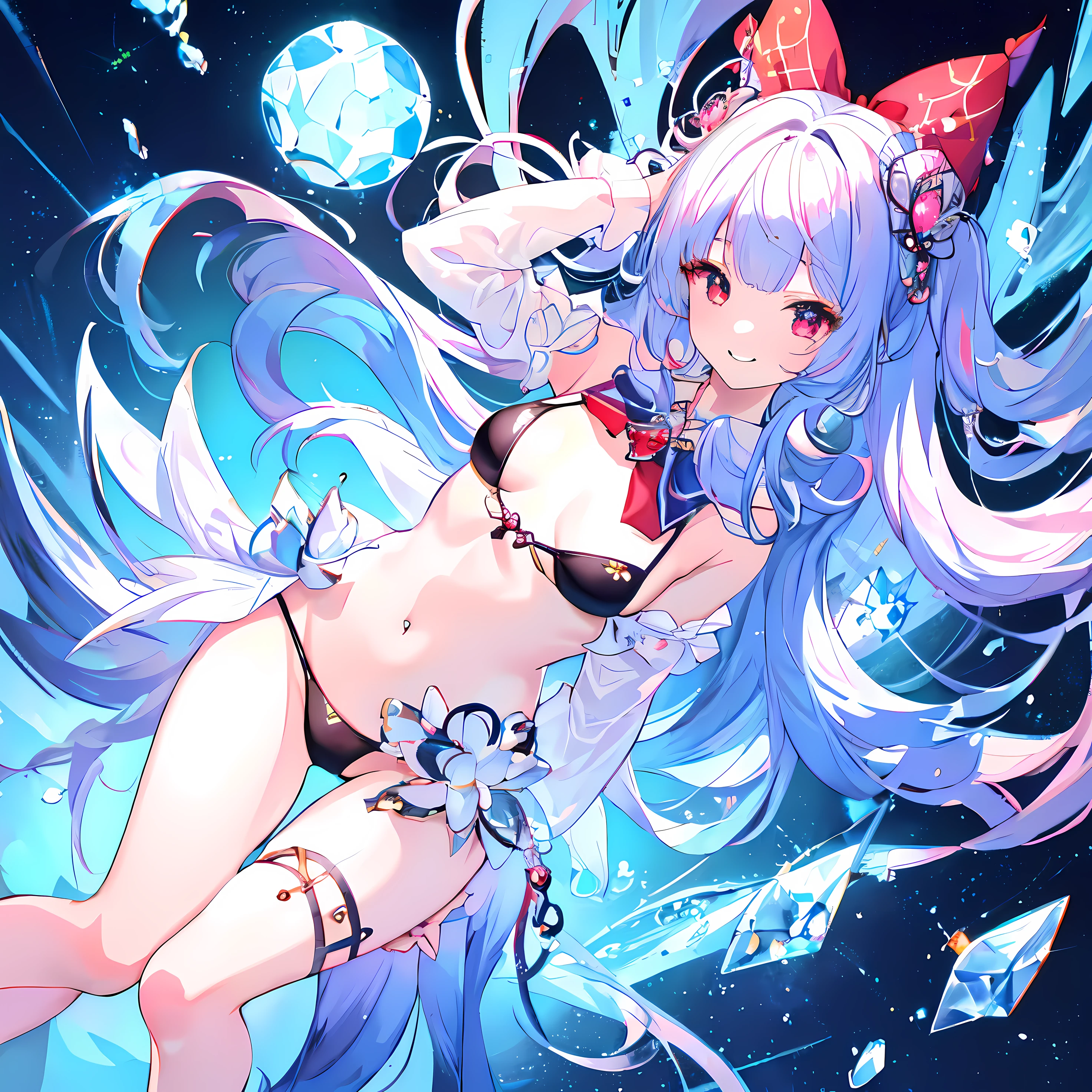 Top Quality, Masterpiece, High Definition, Very Detailed, 8k, One Girl, Cute, Anime, Crystal Clear White Skin, Sensual, Full Body, 2nd Grade of Junior High School, , Beautiful Cute, Bow on Head, Too Many Hair Ornaments, Cute Micro Bikini Style, Crazy Worldview, Bloody, Eyes Glowing Suspiciously Red, Fairyland, Back road, crazy smile, hand on crotch, inviting, perfect anatomy