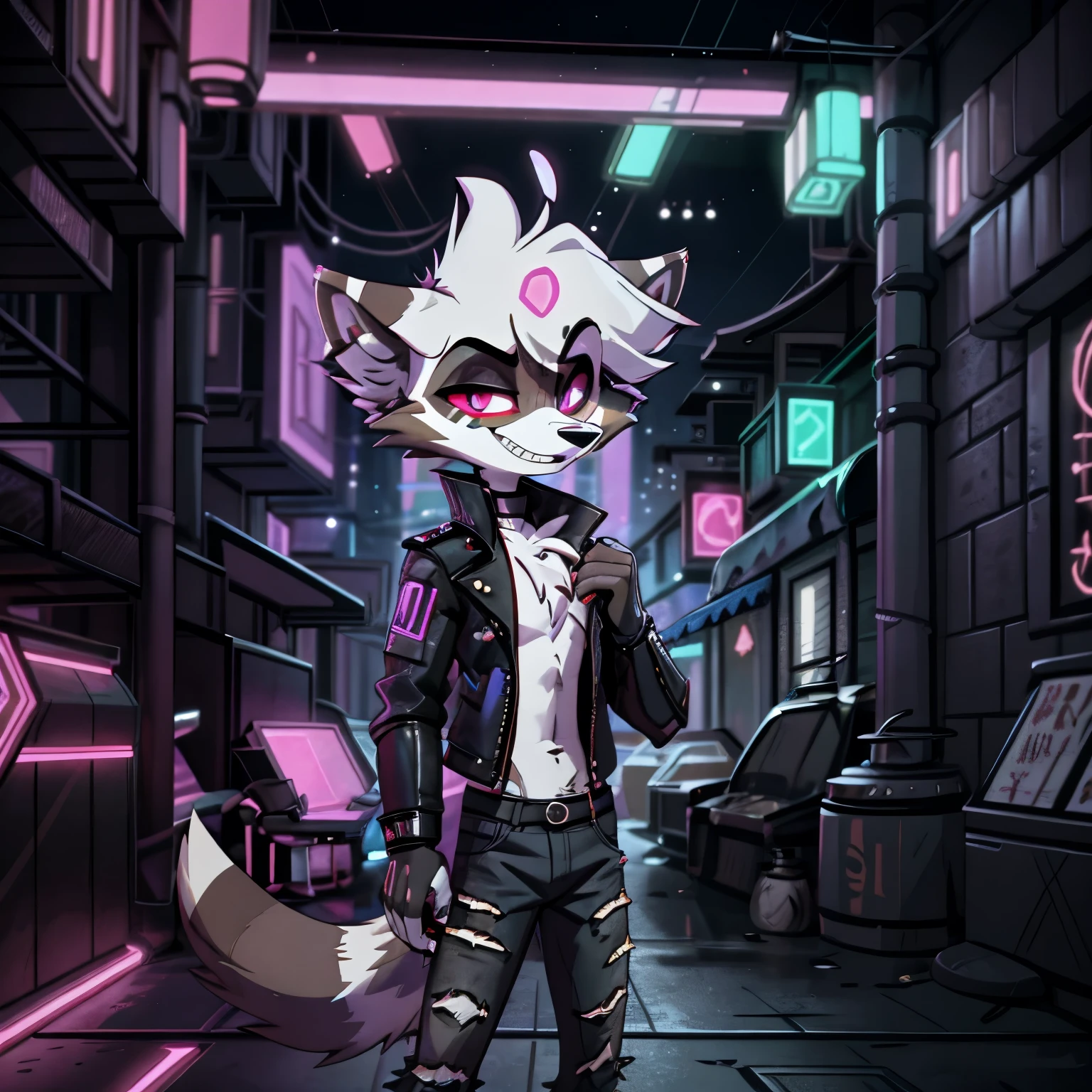 In the solitary realm of Hazbin Hotel, a scruffy and masculine raccoon demon inspired by Rocket Raccoon captivates with his mischievous charm. With a color pattern of dark gray fur highlighted by striking bands of black and white, he embodies a unique and rugged appeal. Embracing cyberpunk fashion, he exudes a rebellious vibe with a weathered leather jacket, ripped jeans, and glowing cybernetic enhancements. Against the backdrop of neon-lit cityscapes, his presence, with his distinct color pattern and cyberpunk style, adds an enigmatic and captivating touch, making him the sole embodiment of mischief and rebellion in the vibrant world of Hazbin Hotel. ((solo)), ((1person))