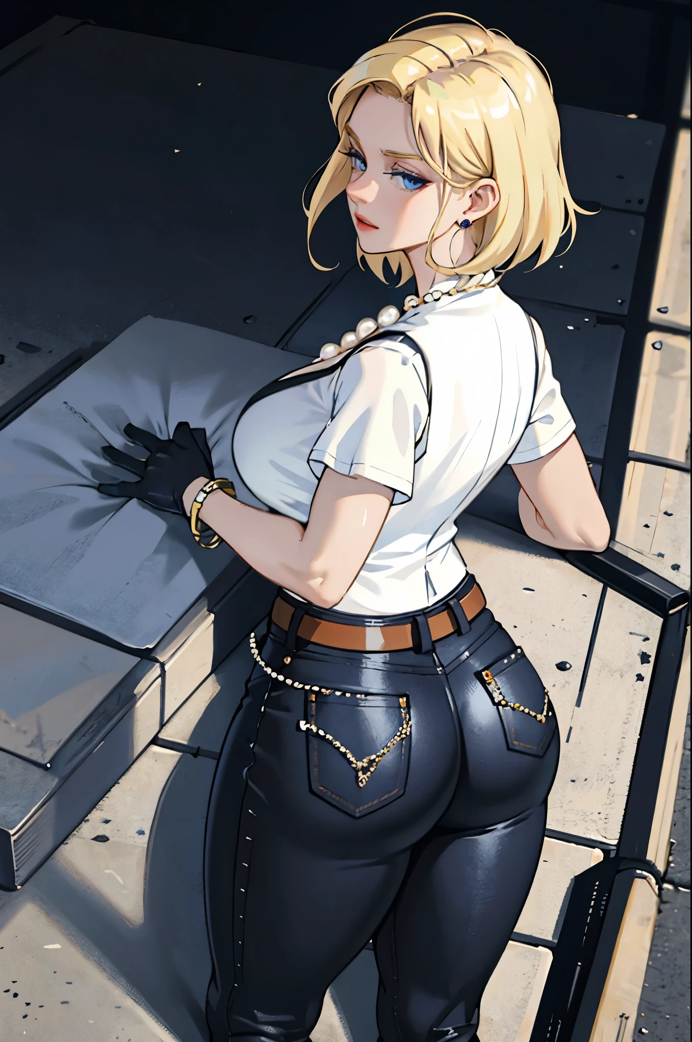 best quality, masterpiece, 1girl, thicc blonde woman, solo, blue eyes, belt, jeans, pearl_necklace, bracelet, black gloves, white shirt, short hair, short sleeves, earrings, black pants, open vest, black vest, large breasts, lying, from behind, (from behind:1.3), large ass,