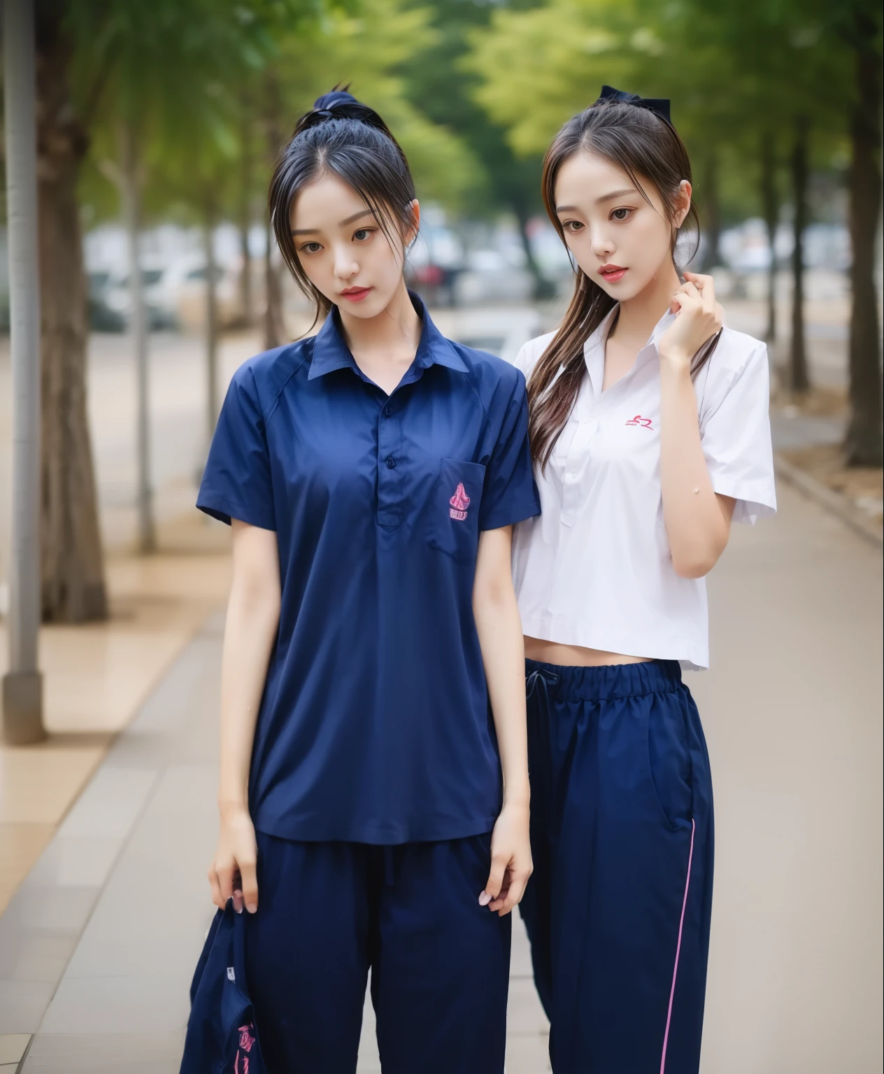 3 girls in fitness center, Navy blue short-sleeved shirt,Navy Long Trackpant,Sweatpants, Sweatpantsขายาว,25 year old girl, lesbian, sexy, exercise clothes, wet body, exercise clothes