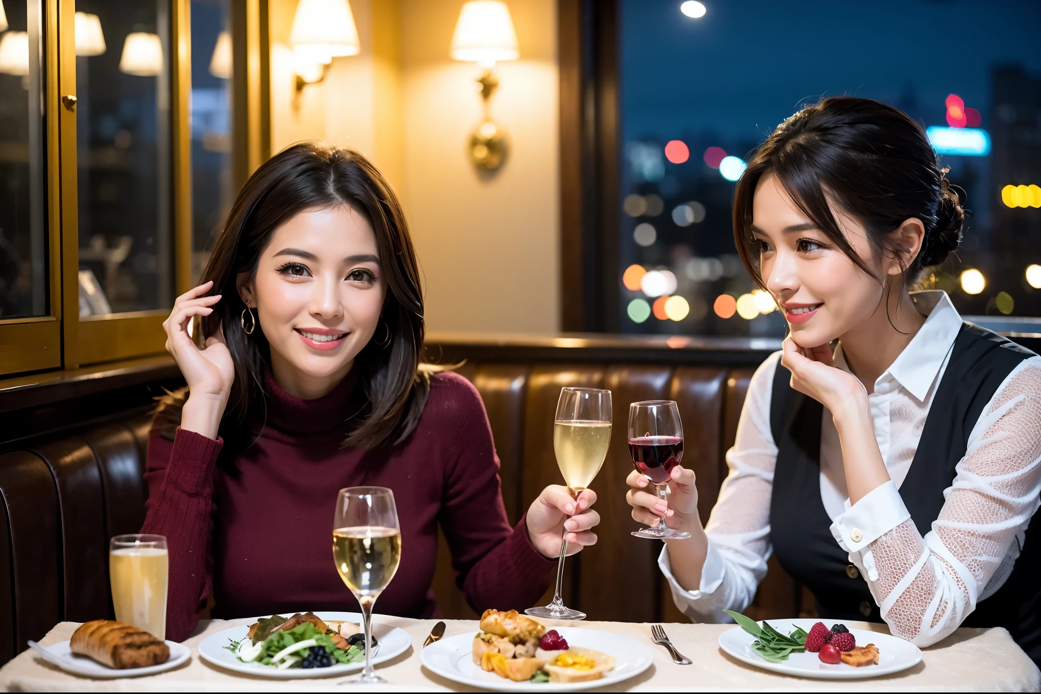 64k, UHD, highest quality, masterpiece: 1.2), (realistic, photorealistic: 1.37), Super detailed, やさしいsmile、Calm look、celebration party、beauty、Charm、beautiful mature woman、3 women who love wine、three men、luxury hotel、champagne、Sparkling wine、winter night、restaurantでワイン宴会、(slimな男女4名),(Wine party for 5 people)、(slimフェイス),Happy、 最高なsmile、Fox Face、Berry Short、(because I'thin), (brown hair), (shortcut), long sleeve shirt、winter fashion、Colombia、Brazilian、Japanese、Dutch、German、Portuguese、Belgian、Italian、french, (gushing), (slimボティ), (brown hair), (shortcut), 端正なbeauty、cheeks blush a little, (41 years old), 38 years old, 35 years old、32 years old、 A beautiful and detailed night view spreads out outside the window........, restaurant, wine glassが座っている, At night, in a prominent place (from the Upper body) nova frog style, actress, model, Upper body, White wine, slim, wine glass, very beautiful night view, wine glass Put in the Middle, Happy smile, (smile: 1.15),