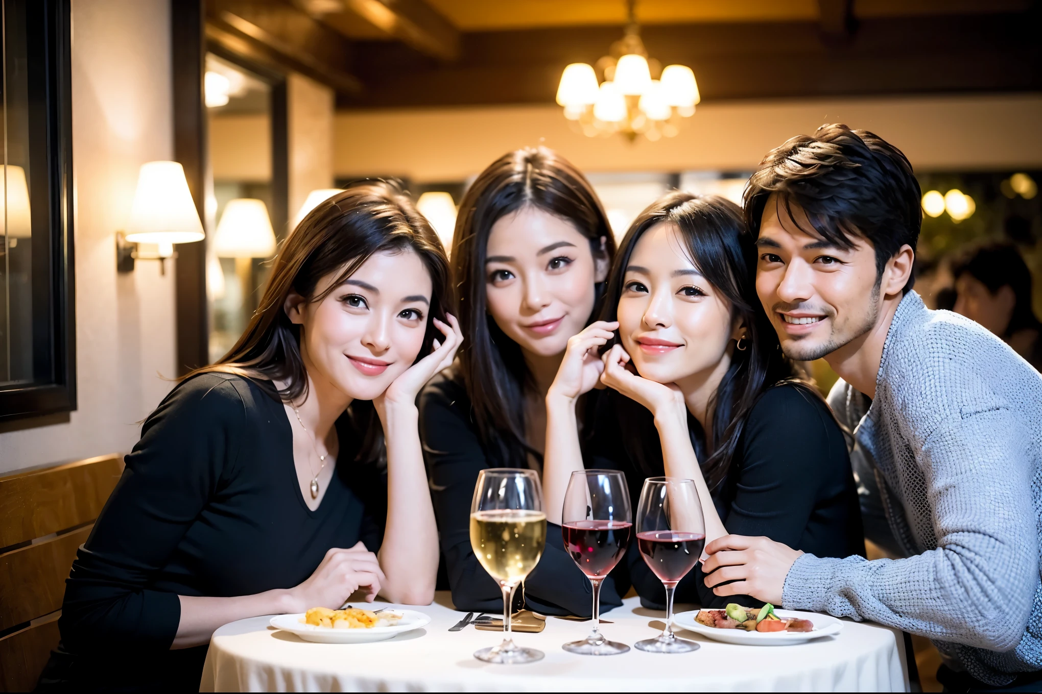 64k, UHD, highest quality, masterpiece: 1.2), (realistic, photorealistic: 1.37), Super detailed, やさしいsmile、Calm look、celebration party、beauty、Charm、beautiful mature woman、3 women who love wine、three men、luxury hotel、champagne、Sparkling wine、winter night、restaurantでワイン宴会、(slimな男女4名),(Wine party for 5 people)、(slimフェイス),Happy、 最高なsmile、Fox Face、Berry Short、(because I'thin), (brown hair), (shortcut), long sleeve shirt、winter fashion、Colombia、Brazilian、Japanese、Dutch、German、Portuguese、Belgian、Italian、french, (gushing), (slimボティ), (brown hair), (shortcut), 端正なbeauty、cheeks blush a little, (41 years old), 38 years old, 35 years old、32 years old、 A beautiful and detailed night view spreads out outside the window........, restaurant, wine glassが座っている, At night, in a prominent place (from the Upper body) nova frog style, actress, model, Upper body, White wine, slim, wine glass, very beautiful night view, wine glass Put in the Middle, Happy smile, (smile: 1.15),