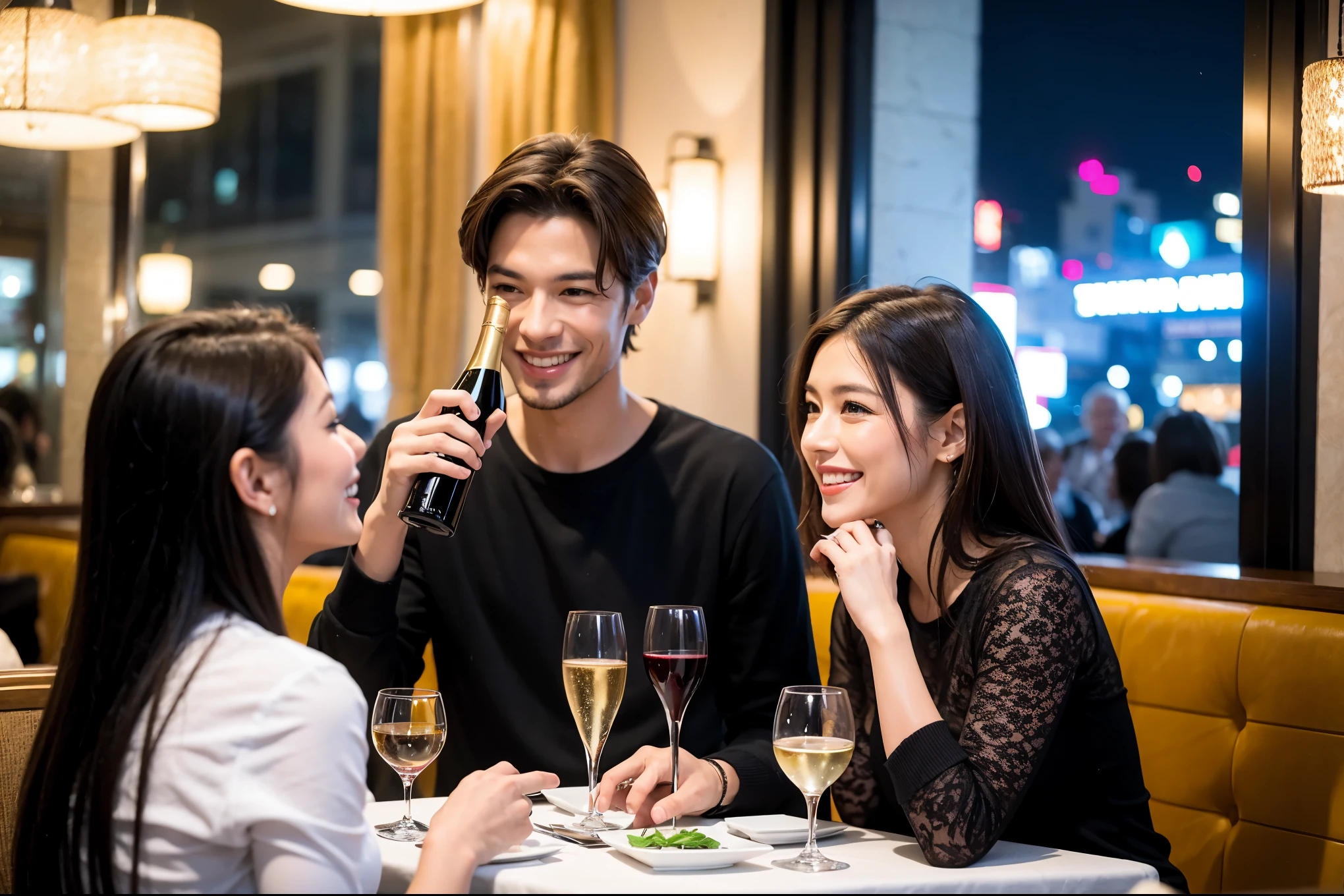 64k, UHD, highest quality, masterpiece: 1.2), (realistic, photorealistic: 1.37), Super detailed, やさしいsmile、Calm look、celebration party、beauty、Charm、beautiful mature woman、3 women who love wine、three men、luxury hotel、champagne、Sparkling wine、winter night、restaurantでワイン宴会、(slimな男女4名),(Wine party for 5 people)、(slimフェイス),Happy、 最高なsmile、Fox Face、Berry Short、(because I&#39;thin), (brown hair), (shortcut), long sleeve shirt、winter fashion、Colombia、Brazilian、Japanese、Dutch、German、Portuguese、Belgian、Italian、french, (gushing), (slimボティ), (brown hair), (shortcut), 端正なbeauty、cheeks blush a little, (41 years old), 38 years old, 35 years old、32 years old、 A beautiful and detailed night view spreads out outside the window........, restaurant, wine glassが座っている, At night, in a prominent place (from the Upper body) nova frog style, actress, model, Upper body, White wine, slim, wine glass, very beautiful night view, wine glass Put in the Middle, Happy smile, (smile: 1.15), 