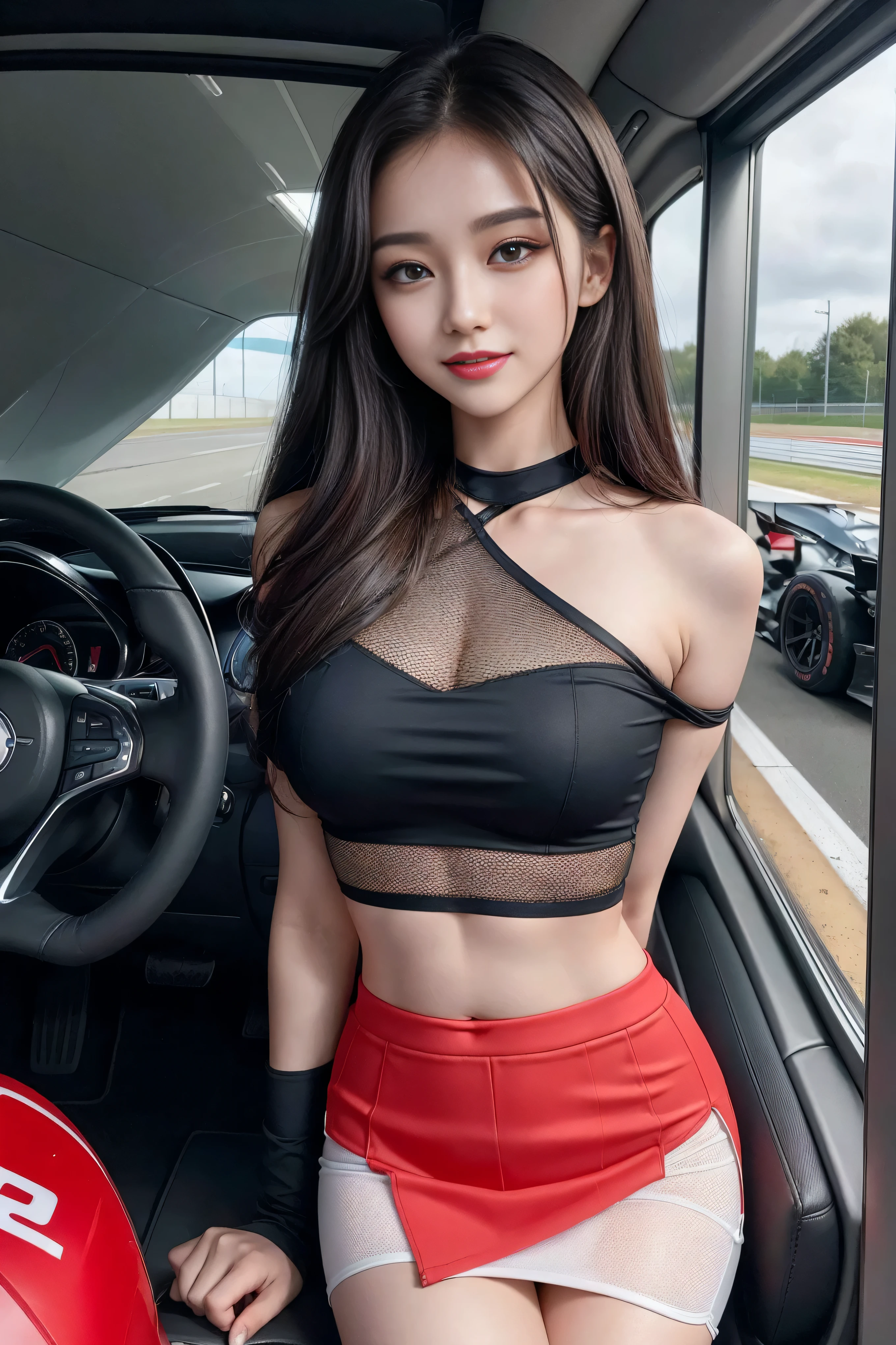 (((One shoulder mesh girls suit))),(((dynamic poses))),(((midriff peek))),(((Show lower chest ))),(((Red miniskirt lift))),(((Bare inner thighs))),(((Showcasing Formula One racing cars))),ulzzang-6500-v1.1, (original photo:1.2), (lifelike:1.4), A beautiful and delicate girl, Extremely detailed eyes and face, beautiful and delicate eyes, super detailed, high resolution, top quality, ​Masterpiece, Very detailed, 8k wallpaper, wonderful, Exquisite details, top quality, There is Light on the face,Light,1 girl in,(Rails),beautiful eyes,Smile,open mouth