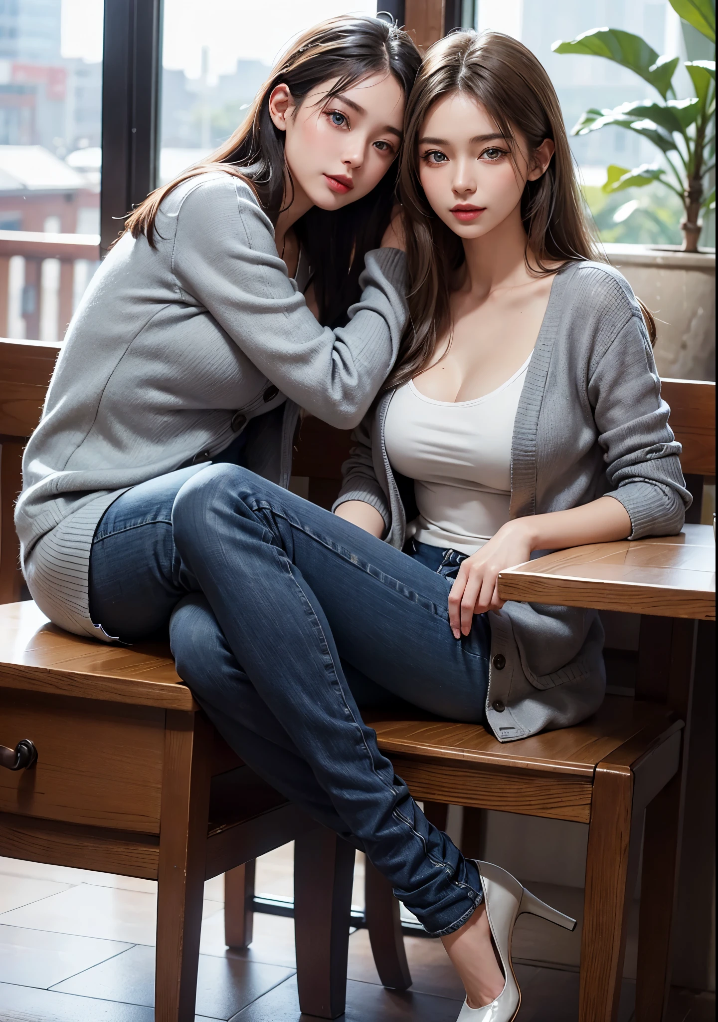 ((Close-up))、(1 girl)、(28 years old)、(Half European and Korean)、(view view)、(best smile)、(cardigan、denim pants、high heels)、(blue eyes)、(long hair)、(gray hair)、(8K, Best Quality, Masterpiece: 1,3), (Realistic, Photorealistic: 1.4), perfect body、high quality shadows、highly detailed face、award-winning、 evening、coffee shop with large windows、sitting in a chair、