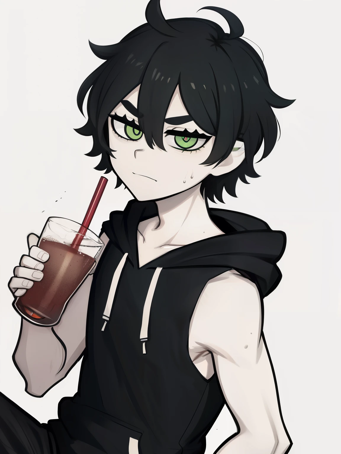 highres, monochrome,tcoaal, solo, looking at viewer, short hair, shirt, 1boy, Andy graves, hair between eyes, closed mouth,black hair, green eyes, Body, ahoge, Sleeveless hoodie, male focus, Swest, Drink, Simple background, messy hair, bright pupils, outline, white pupils, white outline,