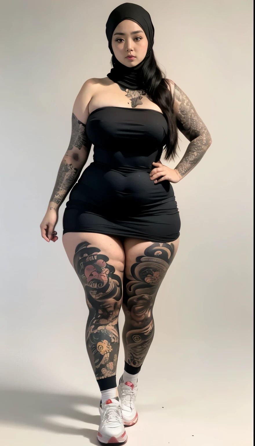 ((best quality)), ((masterpiece)), (detailed), perfect face, araffe woman in a dark-blue dress walking down a street, thicc, she has a jiggly fat round belly, bbwchan, wearing dress, skinny waist and thick hips, widest hips, her belly is fat and round, soft curvy shape, hyperrealistic full figure, wearing a cute dress , wide hips, cropped shoulders,Bare belly,(big assa:0.7),show legs,, thicc, beautiful thick female, beautiful curvy female,, Tall and tall,clear curvy details, curvy hourglass figure, alluring plus sized model, bbwchan, Voluptious body, Curvy model, Curvy body, Be red in the face, 1girll, a matural female, A MILF, the golden ratio,(Kpop idol),(Oil skin:0.72),(Oil skin:1.1), iremuzi tattoos on thighs, big tattoo on thighs, japanese goddess , korean Goddess , milky white skin, wearing hijab clothes, wearing sneakers
