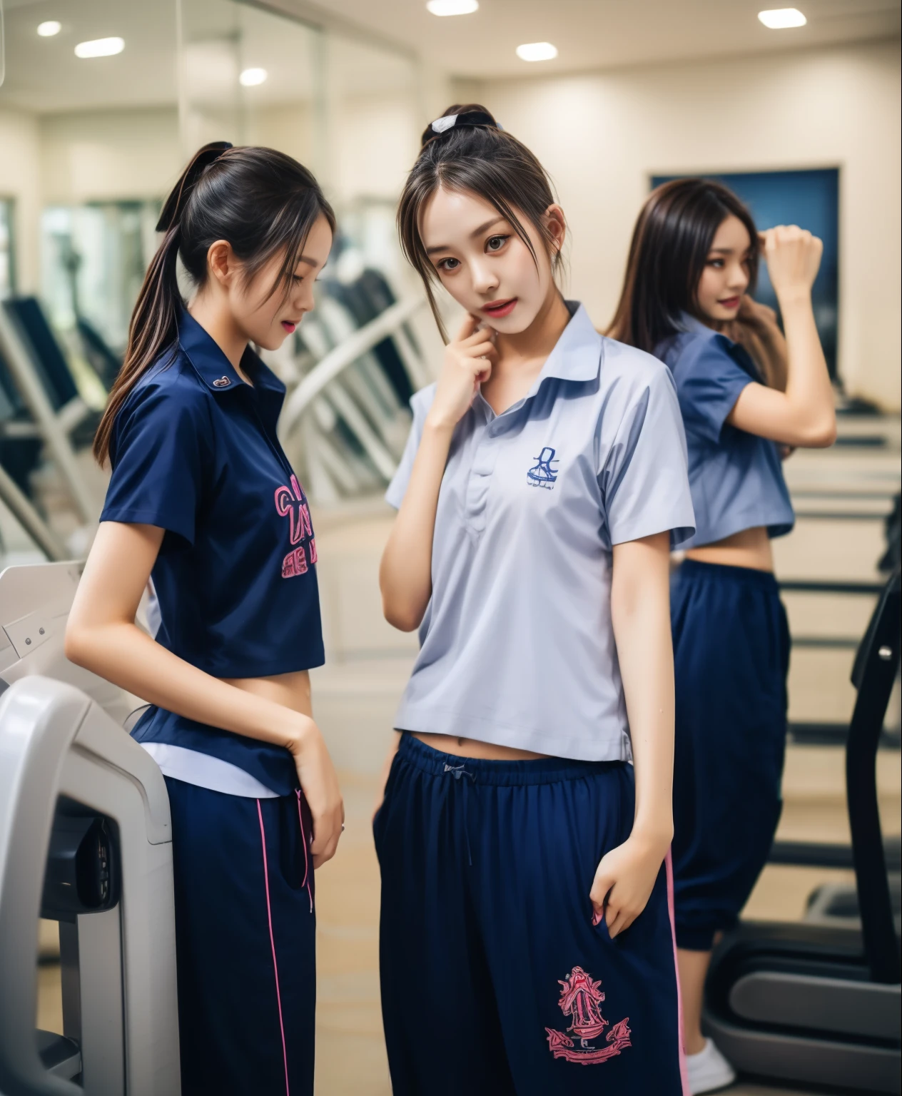 3 girls in fitness center, Navy blue short-sleeved shirt,Navy Long Trackpant,Sweatpants, Sweatpantsขายาว,25 year old girl, lesbian, sexy, exercise clothes, wet body, exercise clothes