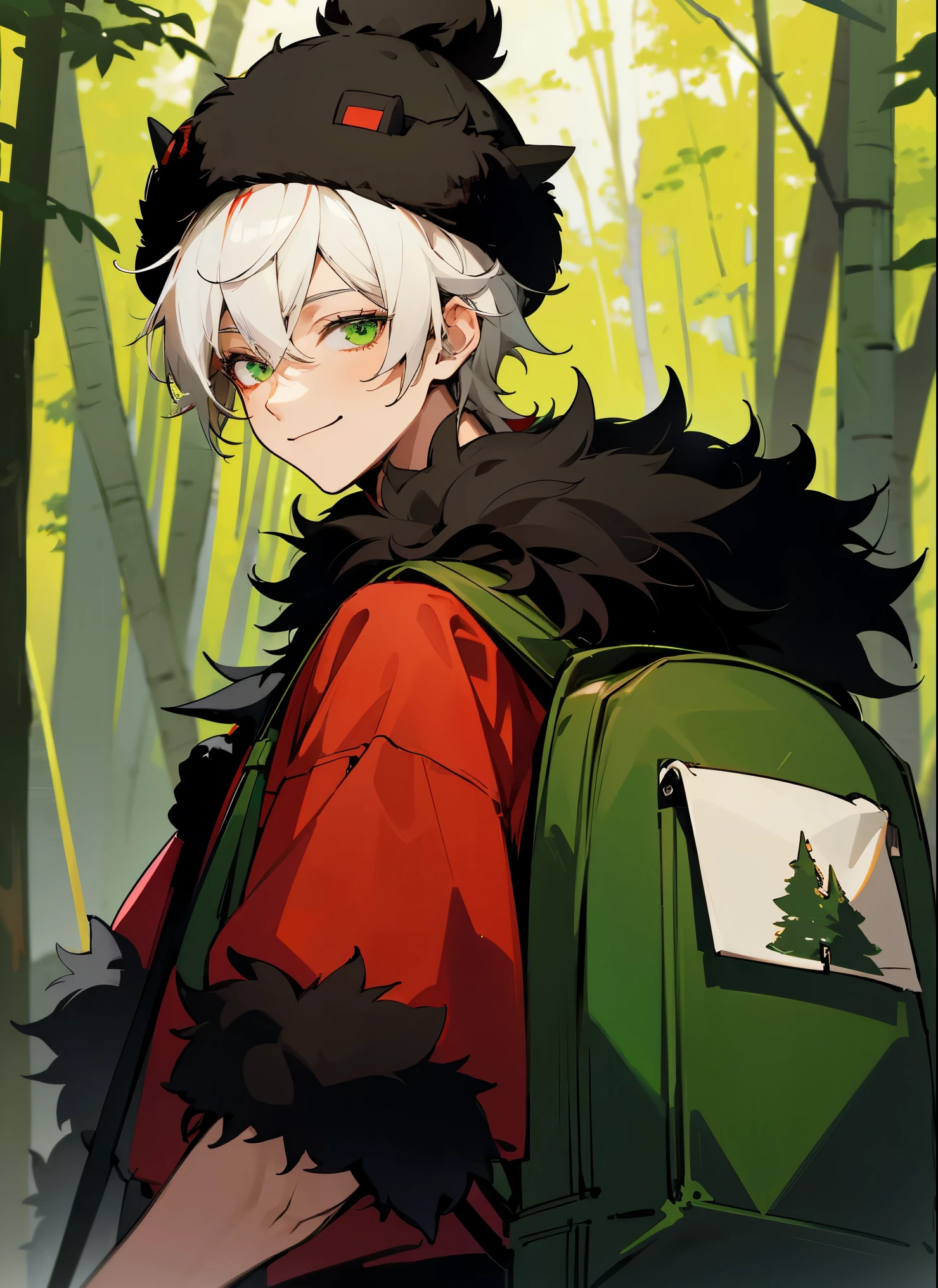 1male , Young Male , White Hair , Green Eyes , Smiling Expression , Red T-Shirt , Black Northernstyle fur hat , Forest Background, Green Backpack , Modern Clothing