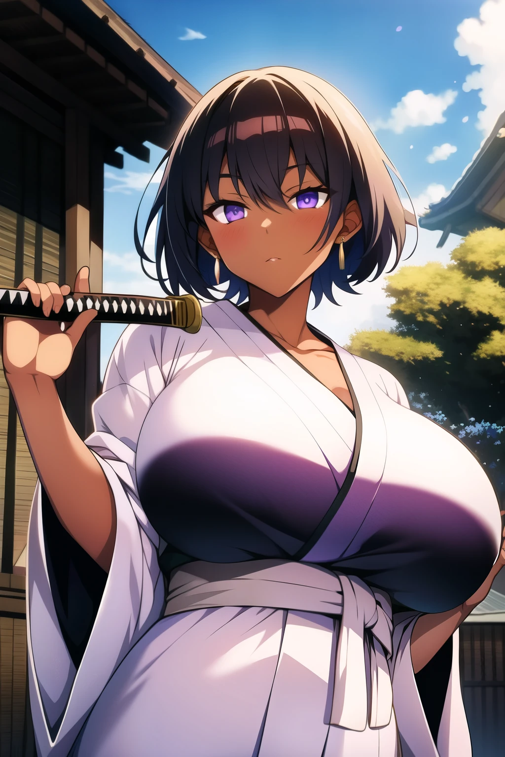 , old woman, Short hair, white, purple eyes,, Evening, Big tits, dark skin ."Shihakusho black AND White" shinigami , milf , short hair, Background of city japan, Neckline, Wielding the katana. ","relaxed hair" "City with old wooden houses in the background" "Edo era" "dark skin" Afro-American