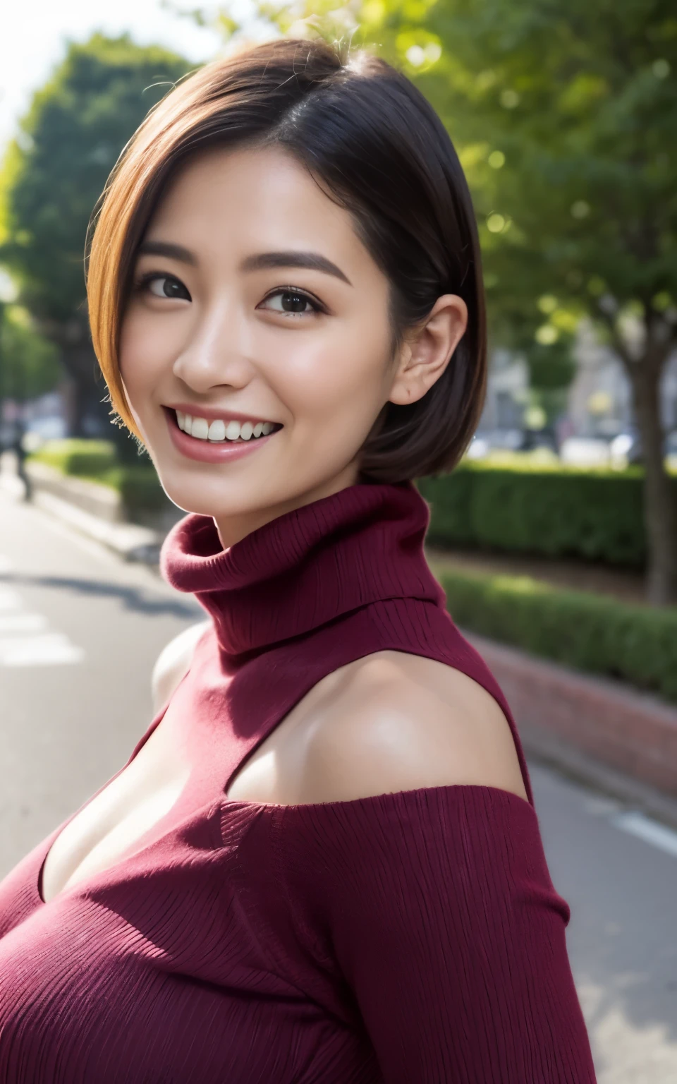(((vulgar、Ecstatic look, Carnal body, Indecent body, perfectly proportions、expose shoulder)))、Highly detailed CG Unity 8k wallpaper, of the highest quality, masterpiece, Realistic, photographrealistic, Highly detailed beautiful woman, 42 year old,(((Bery short hair)))、((Large breasts))、cleavage , ((get sweaty)) , Round eyes, Realistic female hands、viewer, blush, Smile, ((Tall pretty woman))、Parted lips, full body photographed , ((turtleneck sweater))、((Muscle training))、 squatt、downtown、erect through、Muchimuchi、Frontal photography