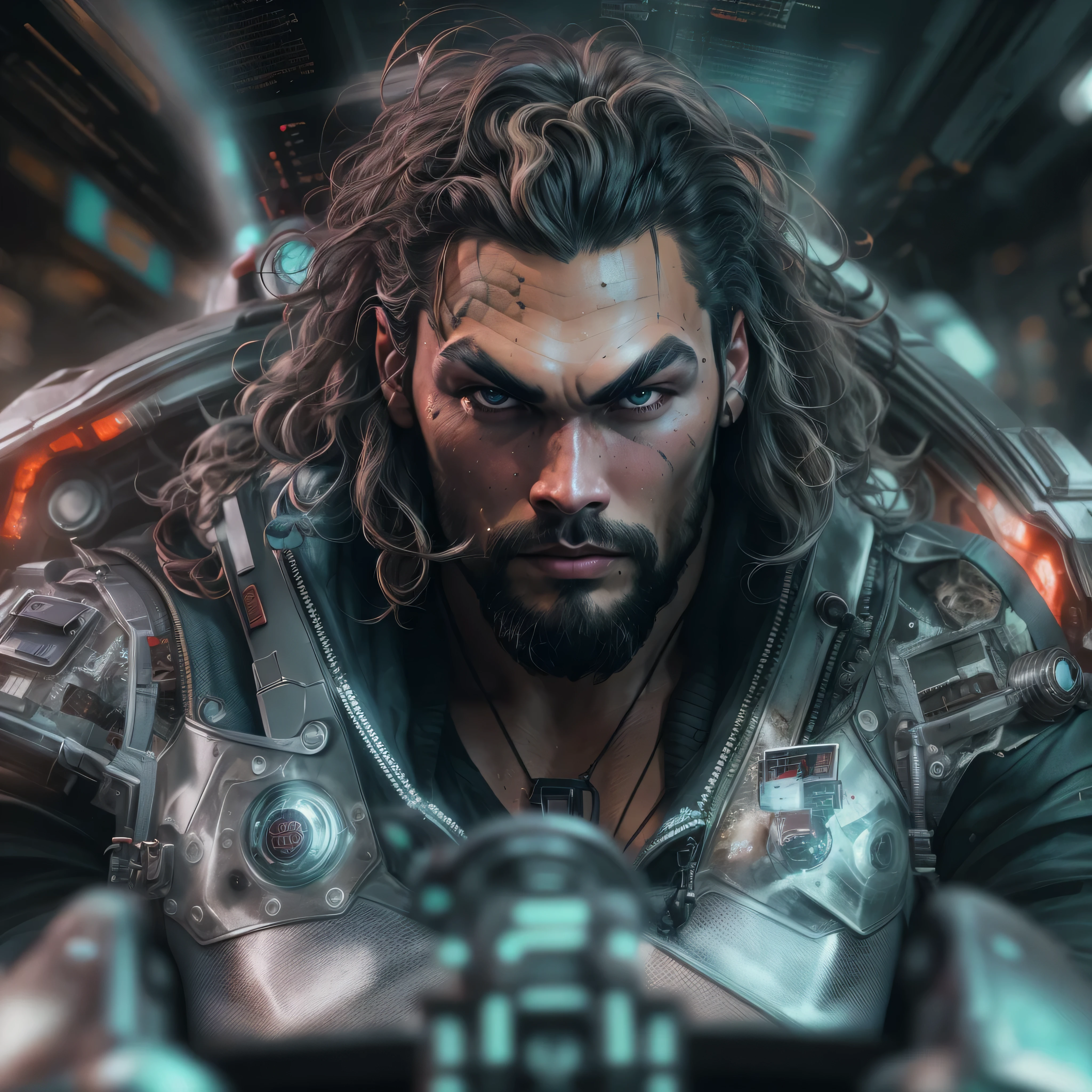 half body image, a photo of Jason Momoa as Lobo from DC comics, (((pale skin))), red eyes, on space sci-fi cyberpunk hovercycle, Intricate, High Detail, Sharp focus, dramatic, photorealistic digital art, photo-realistic, octane render, unreal engine, ultra-realistic