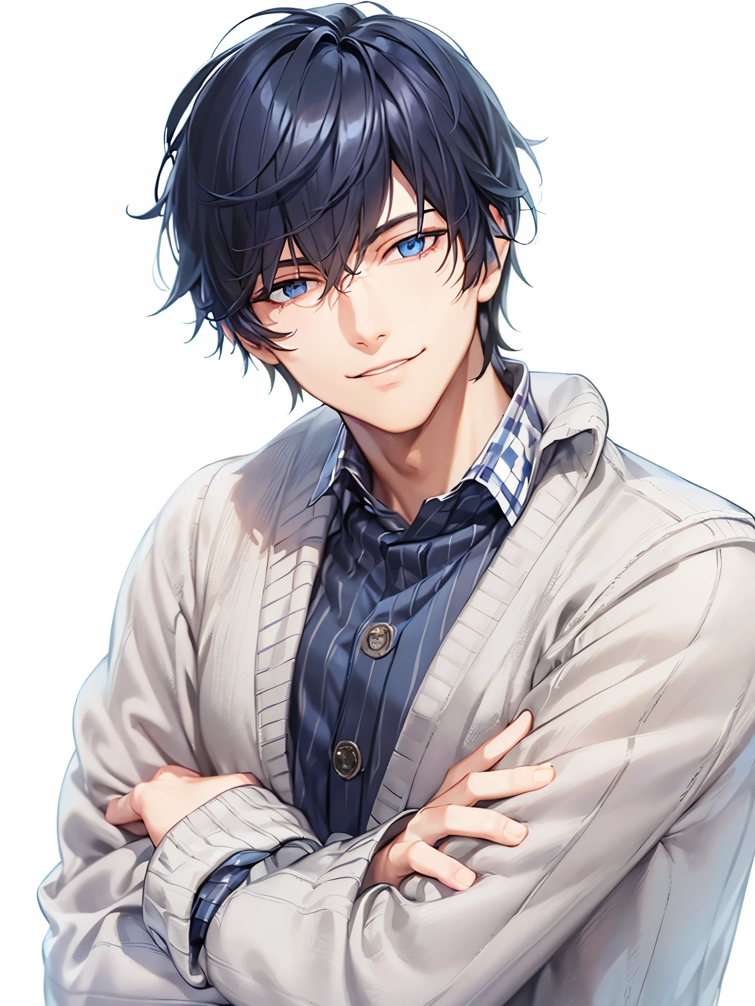 a handsome guy,Blue-black hair、blue eyes、He is wearing a checked cardigan and has his arms crossed.、Highly detailed CG Unity 8K wallpaper, (super masterpiece, Beautiful person, detailed face、Dirty smile, realistic, surreal),